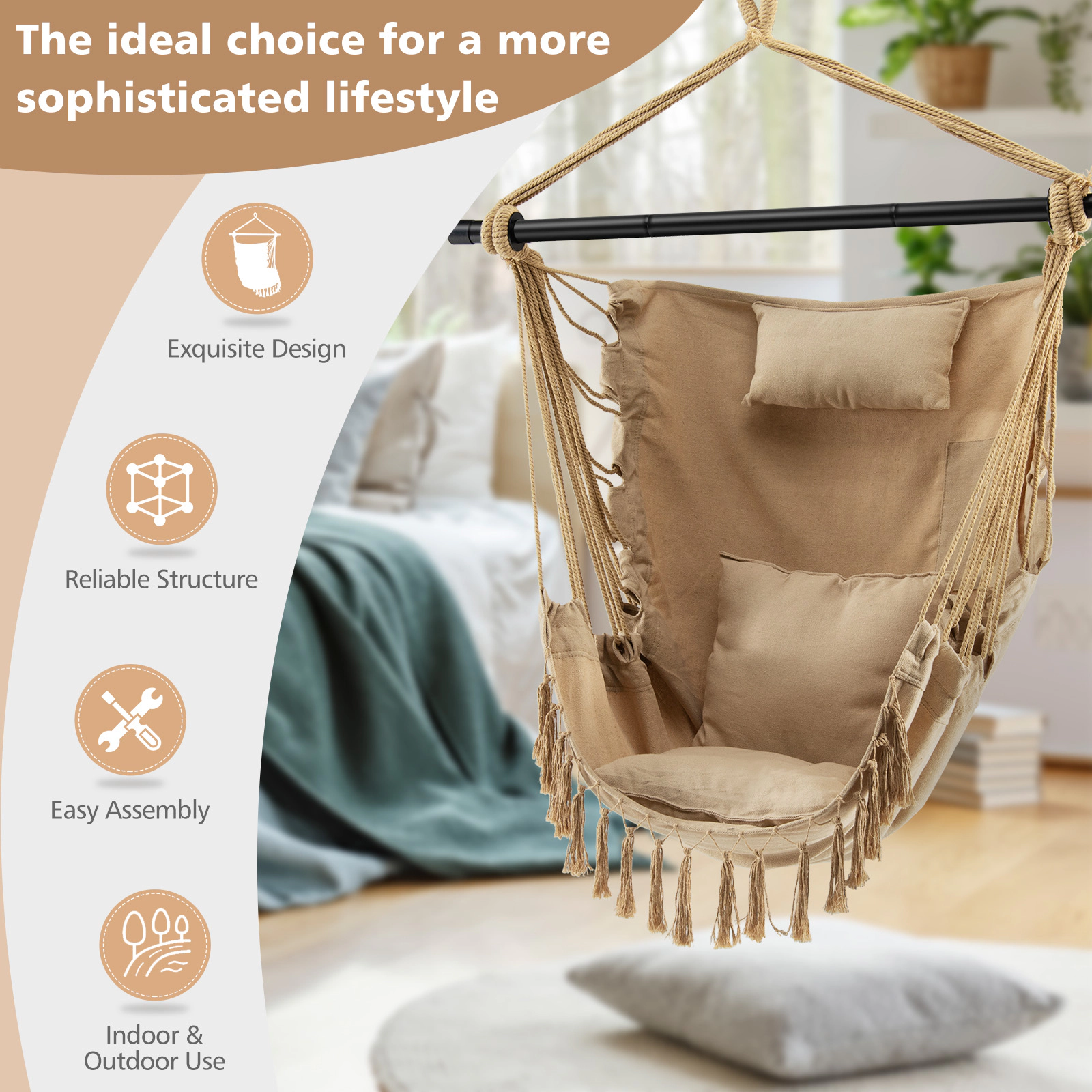 SUGIFT Beige Cotton Rope Hanging Hammock Swing Chair with Side Pocket, Pillow and 2 Cushions