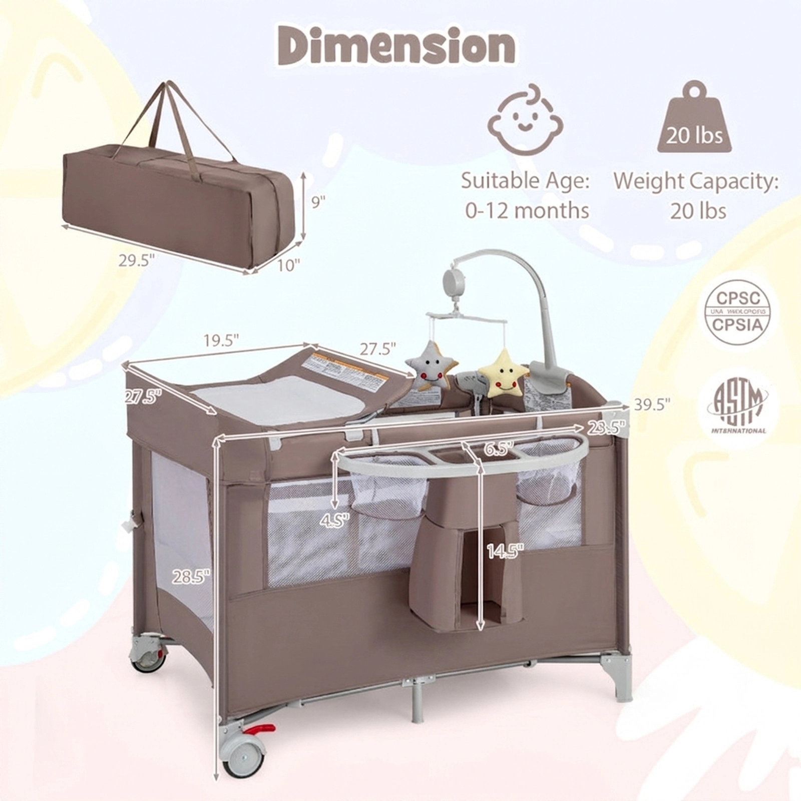 SUGIFT 5-in-1 Pack and Play Baby Bedside Sleeper with Diaper Changing Table Music Box and Storage Shelf