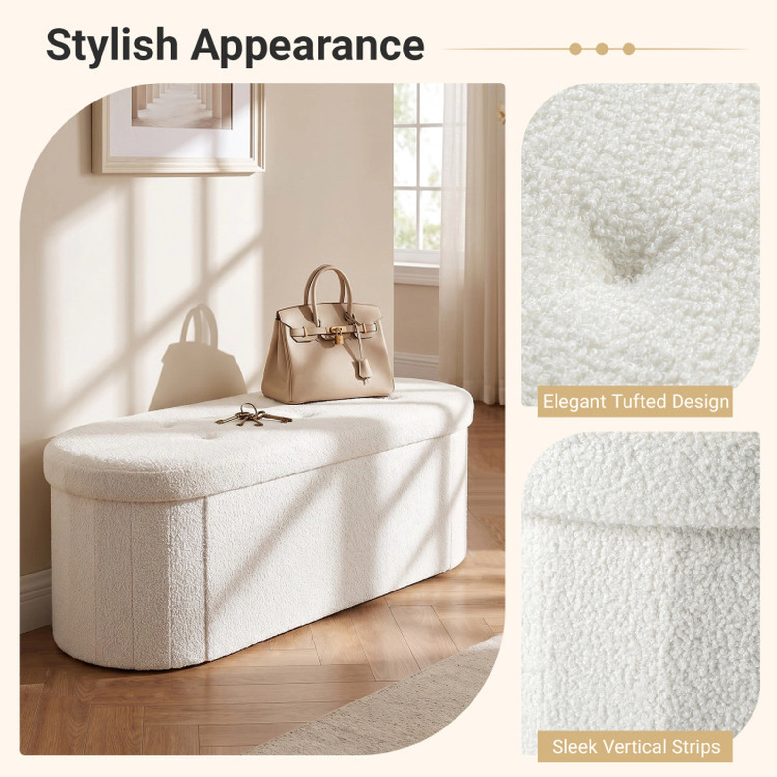 SUGIFT 43-Inch Beige Folding Storage Ottoman Bench, Teddy Fleece, 3 Compartments, 330 lb Capacity