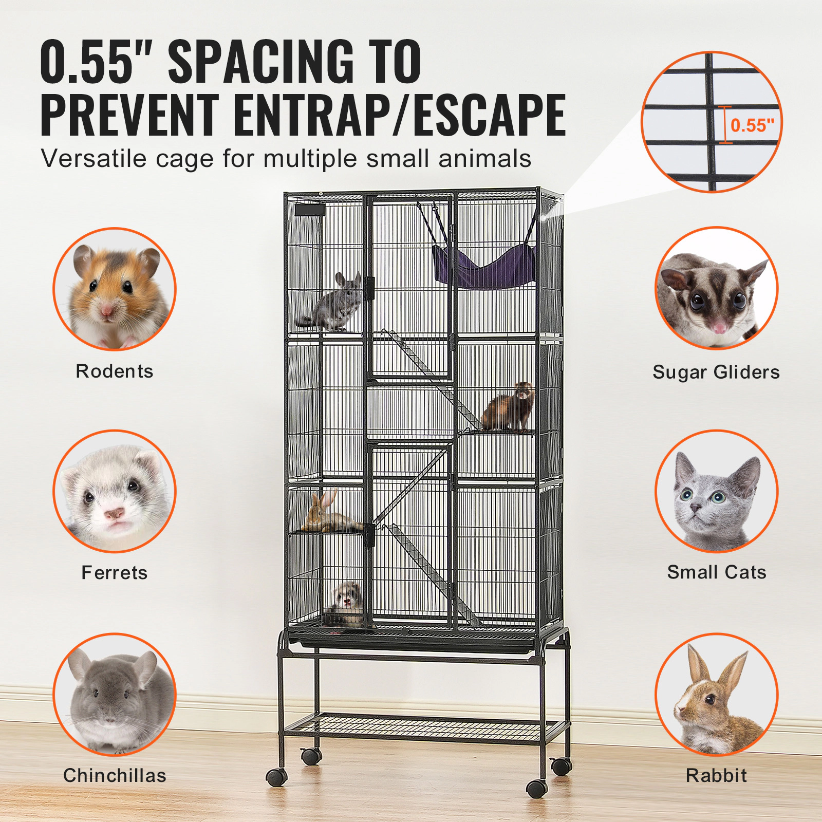 HONGGE Rolling Metal Ferret Cage Large Cage Small Animal Cage with Ramps & Tray Easy to Set up for Pet Rats Hamster