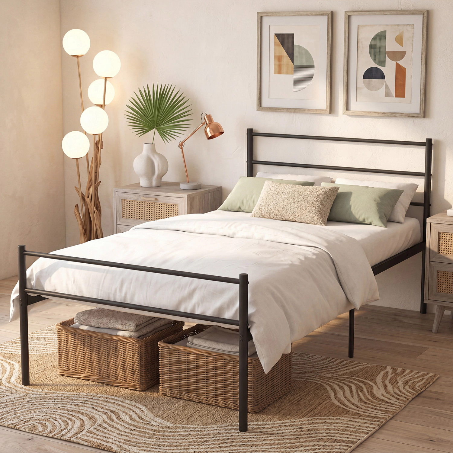 LJG Twin Size Metal Bed Frame Platform with Headboard-Black