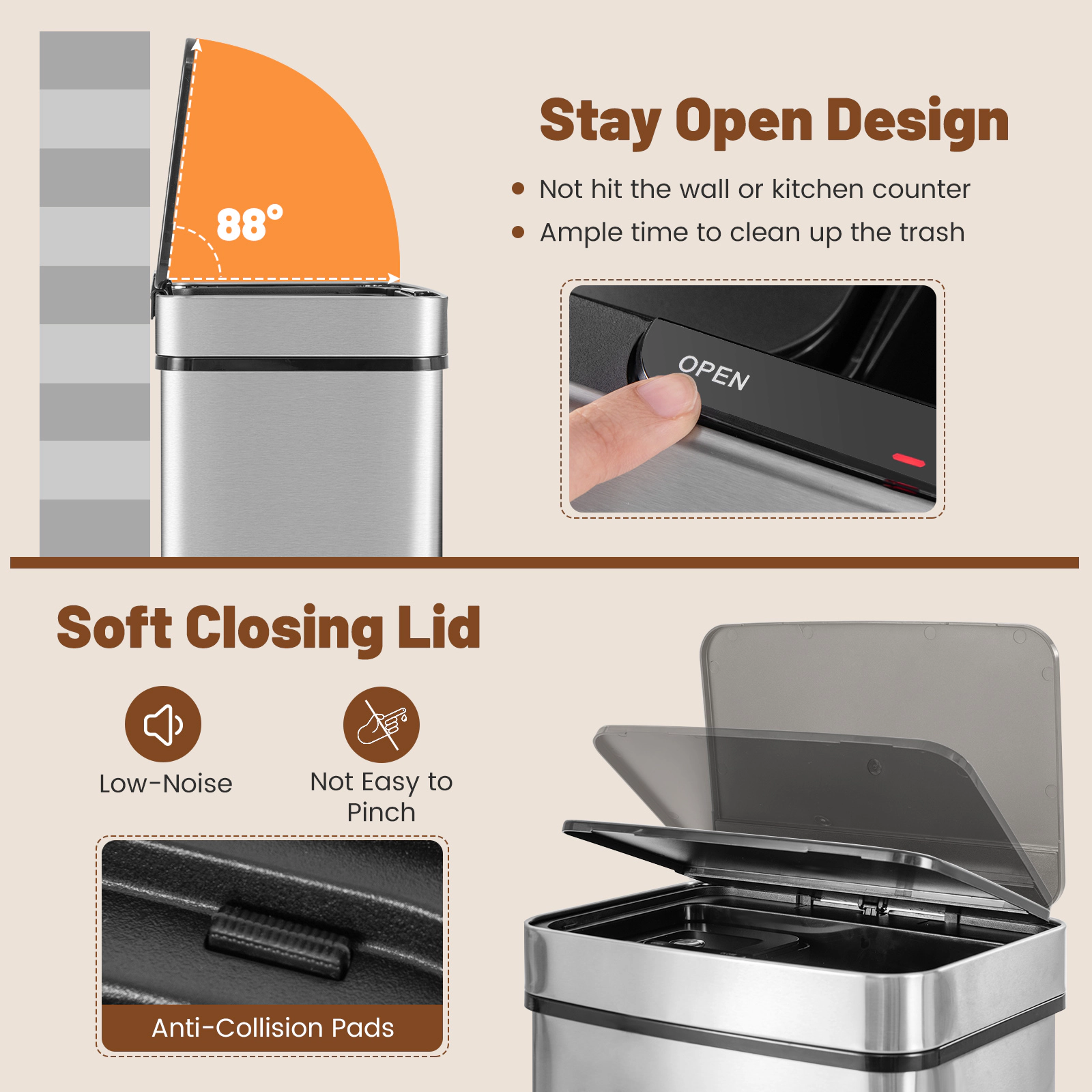 Hivvago 19 Gal Stainless Steel Trash Can with Kitchen Waste Bin and 2 Bottom Recycling Bins