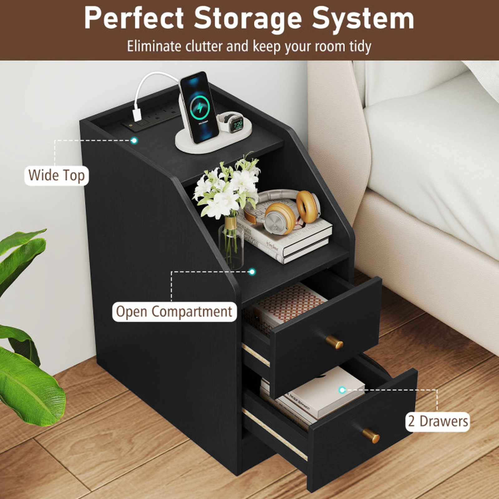 SUGIFT Set of 2 Charging Station 2 Drawers Open Shelf Narrow End Tables 16-in x 10-in x 20-in 35-lb Capacity Black