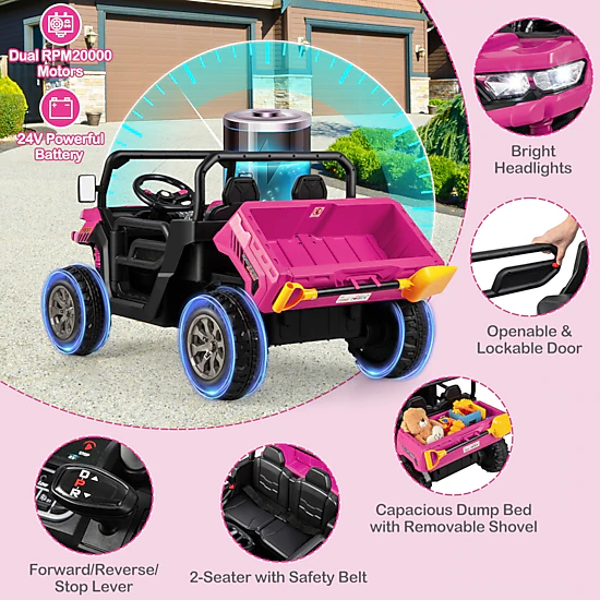 Costway 24V Ride on Dump Truck Electric 2-Seater Kids UTV w/Dump Bed & Bight Lights and Remote Control Red