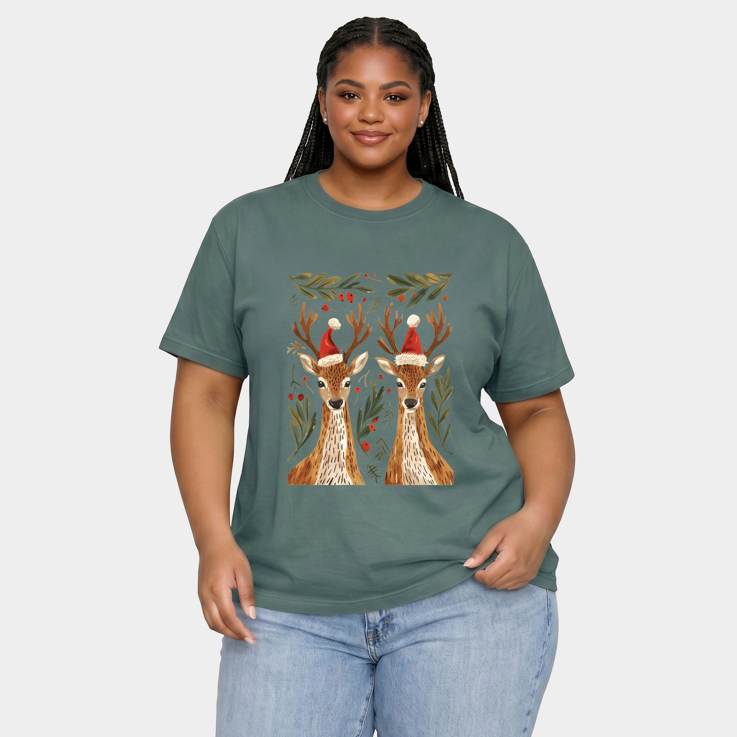 Simply Sage Market - Women's Plus Sized Garment Dyed Graphic T-Shirt Christmas Deer Pair
