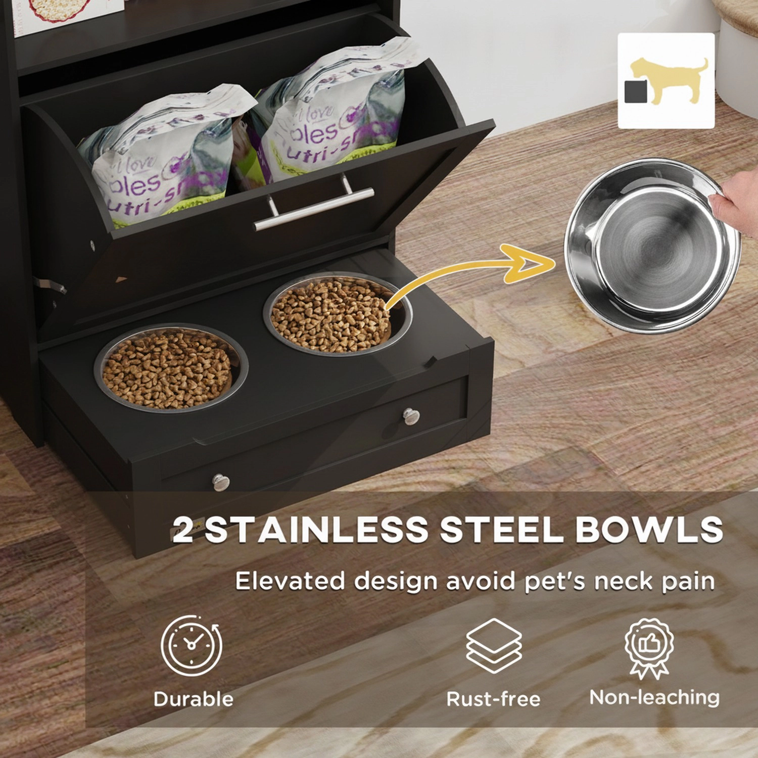 HONGGE Pet Feeder Station Storage Cabinet, Dog Food Container with Raised Bowls, Watering Supplies