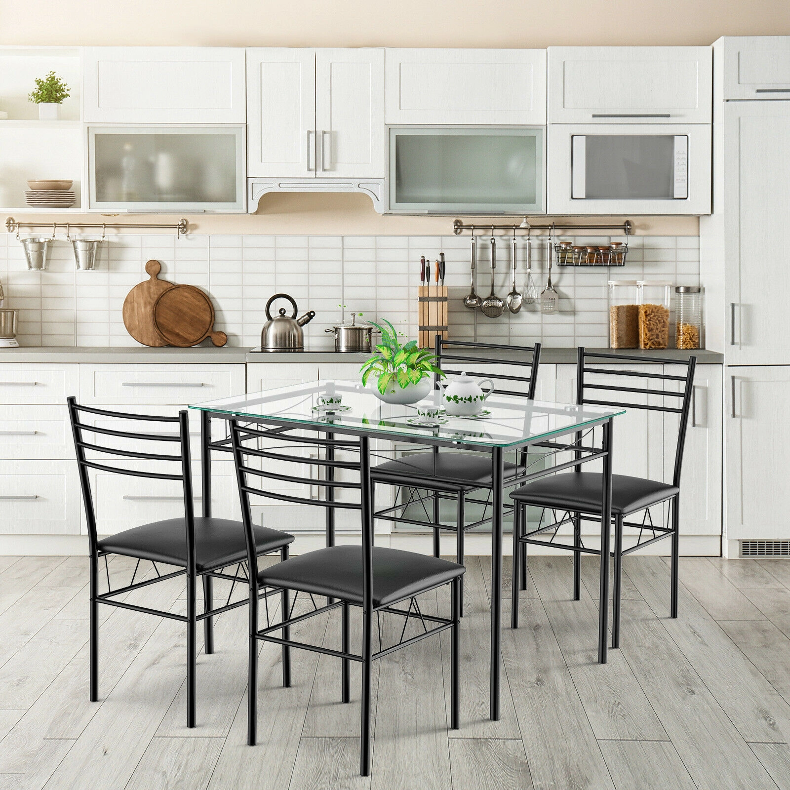 SUGIFT Tempered Glass Top 5-Piece Dining Set with Metal Frame Table 44-lb Capacity and 4 Upholstered Chairs