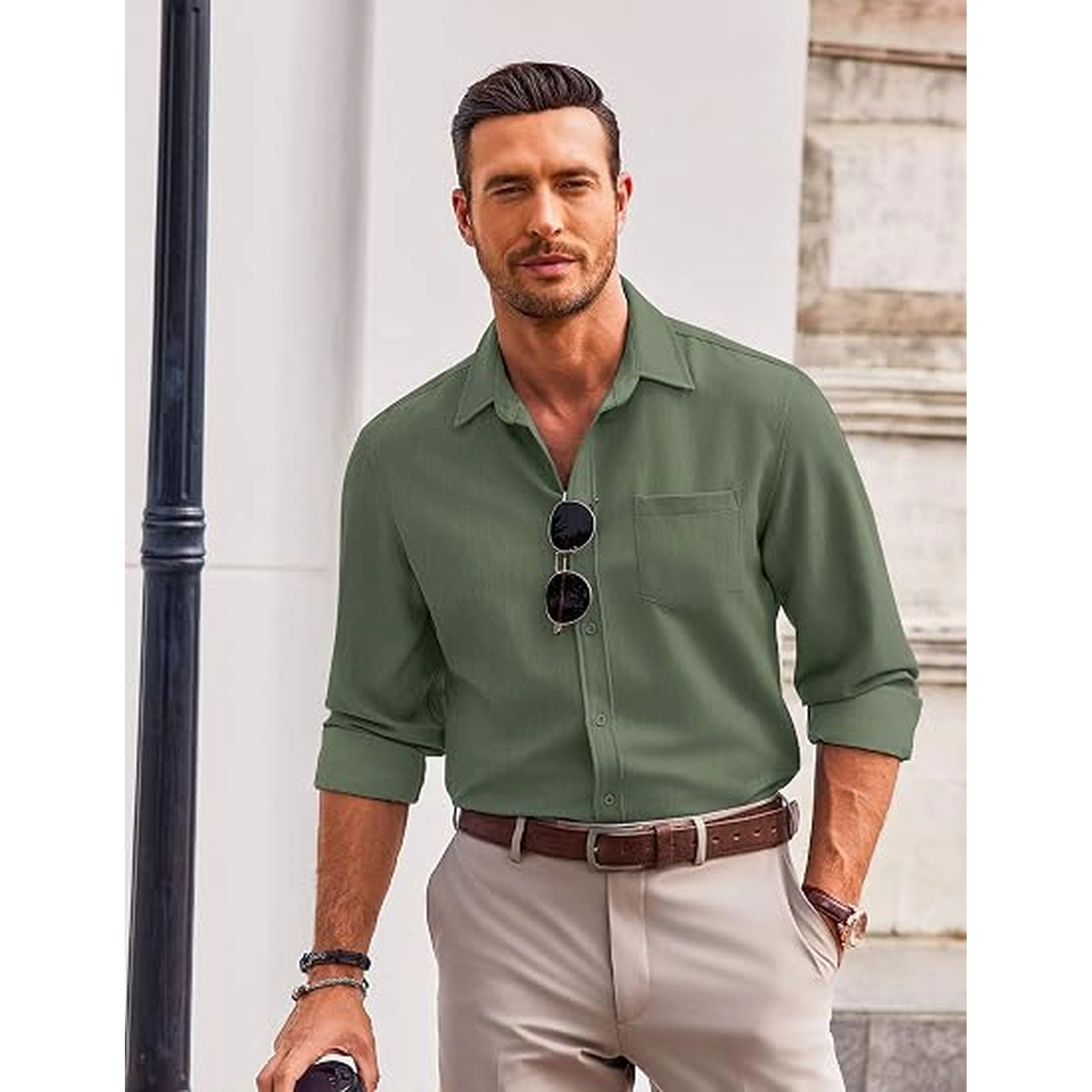 COOFANDY Mens Long Sleeve Button Down Shirts Spread Collar Chest Pocket Casual Tops
