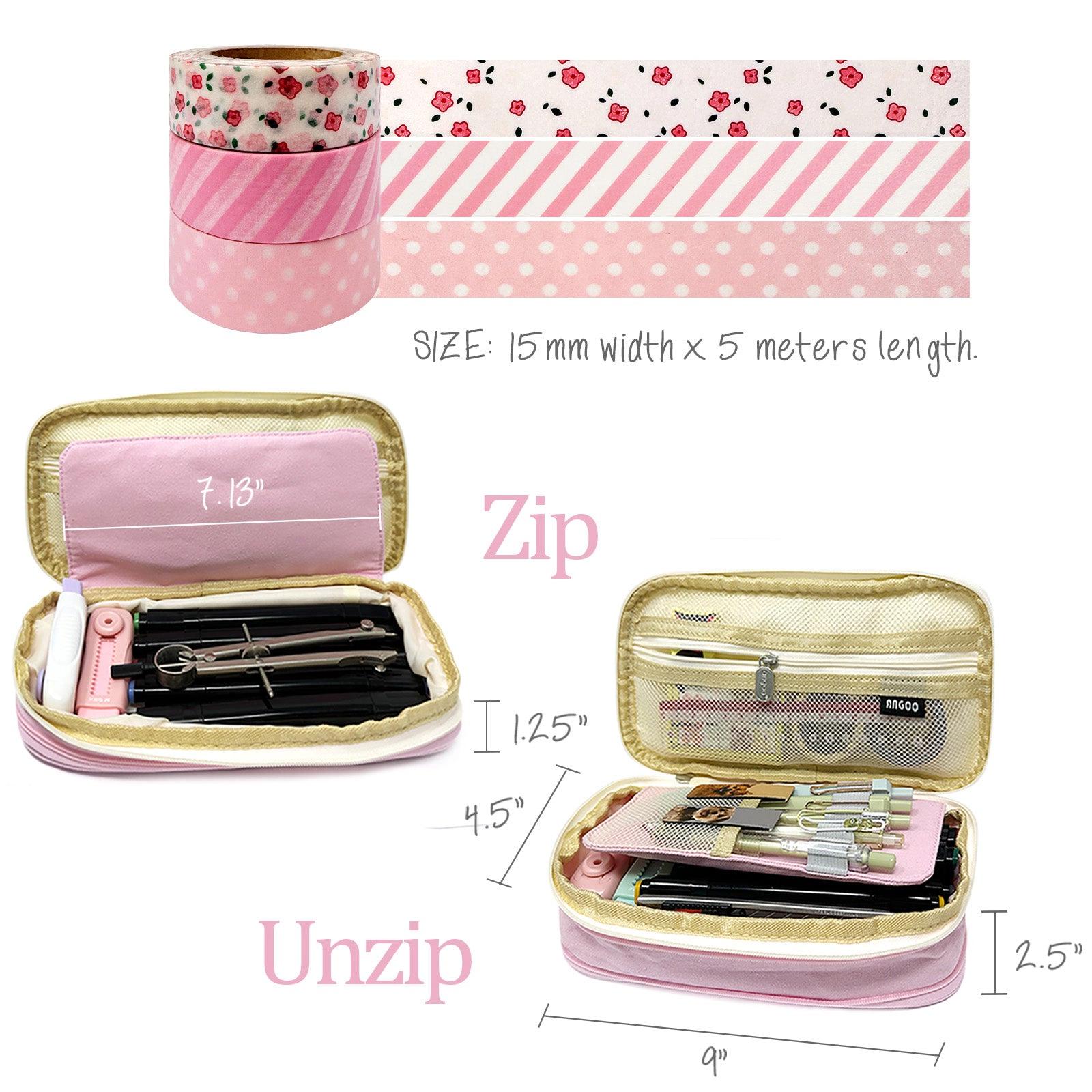Wrapables Large Capacity Pencil Case, Expandable Pencil Pouch with 3 Washi Rolls, Pink