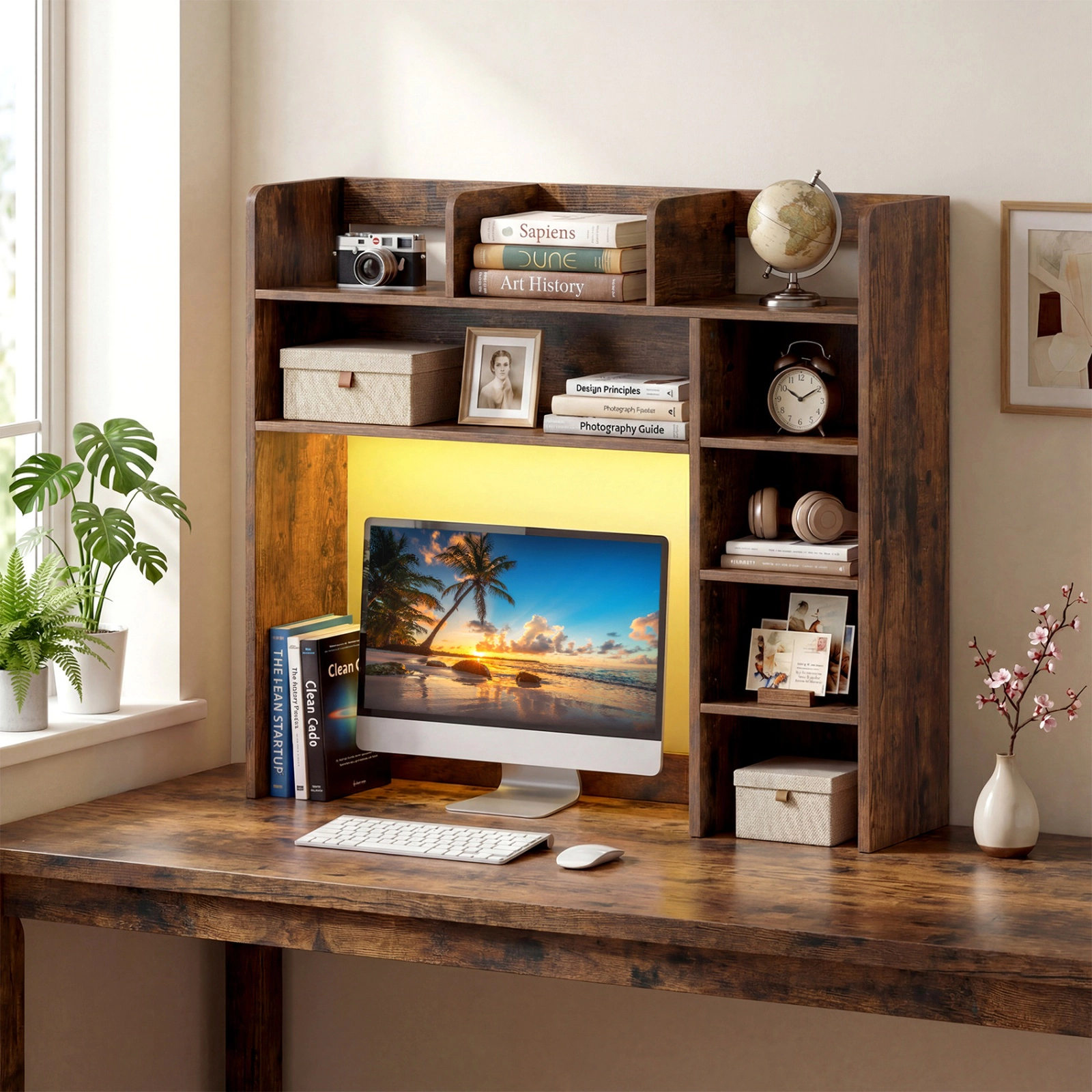 SUGIFT Rustic Brown 35.5 in Desktop Bookshelf with RGB LED Lights and Remote