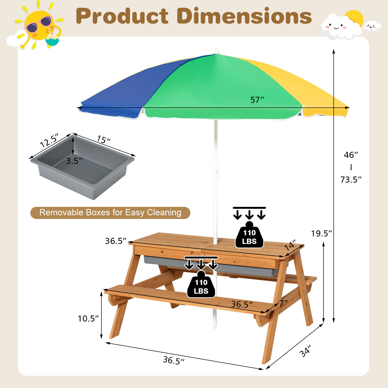 SUGIFT Umbrella and Sand Water Play Boxes Kids 3-in-1 Outdoor Fir Wood Picnic Table