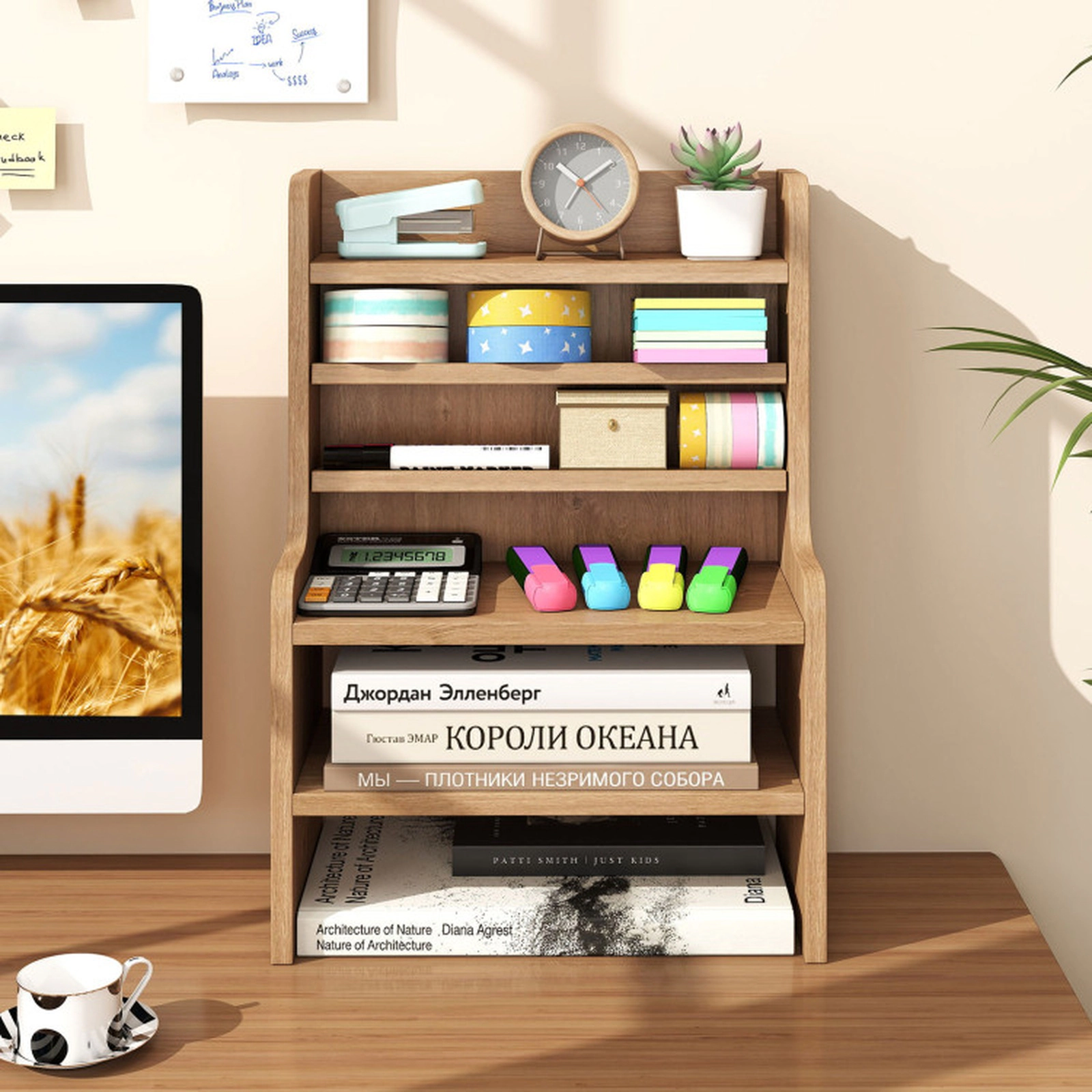 SUGIFT 6-Tier Natural 16.5-in Mini Desktop Bookshelf Countertop Organizer with 2 Removable Shelves 55-lb Top