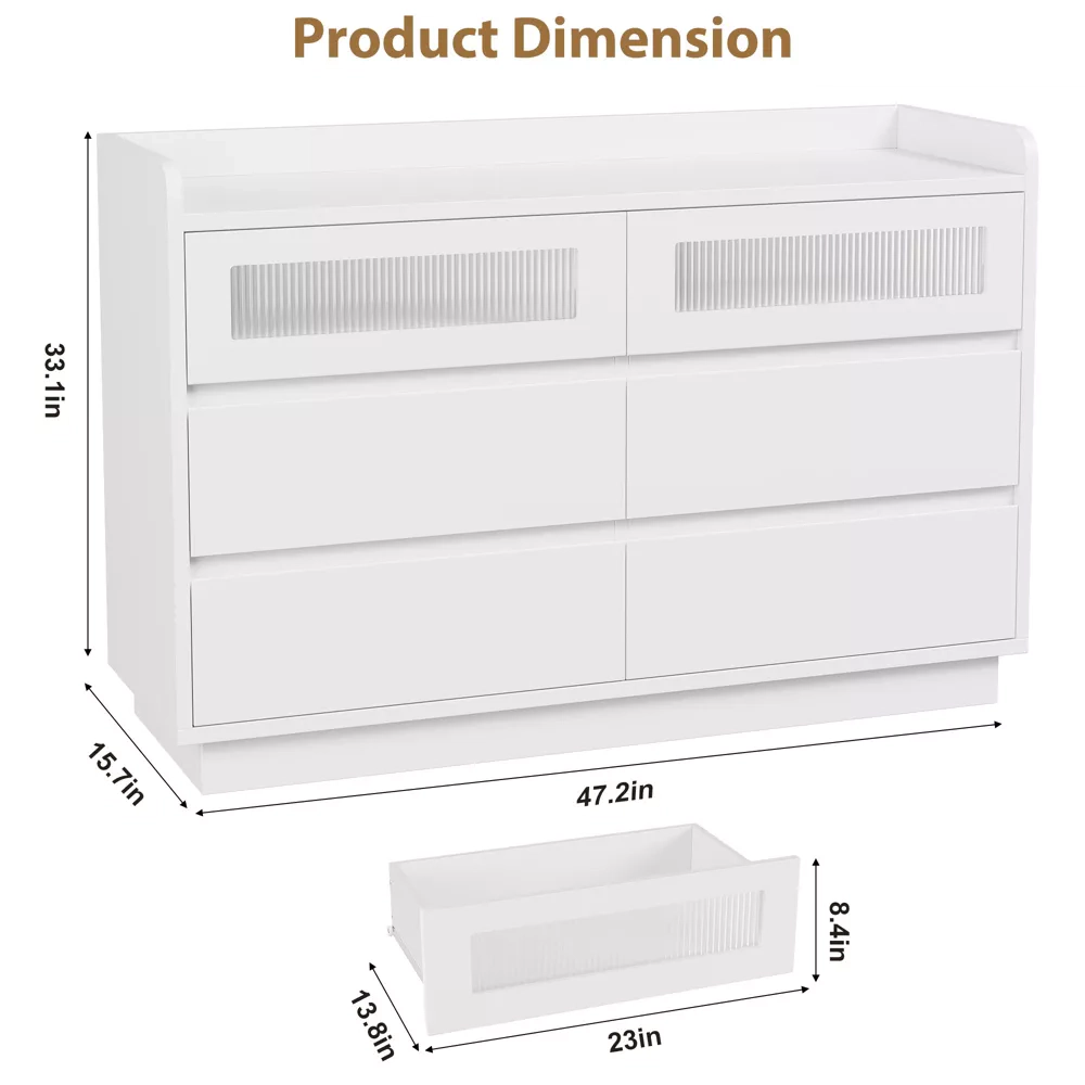 6 Drawer Dresser with LED Lights, 47.2" Wide Modern Wood Storage Chest for Bedroom Living Room
