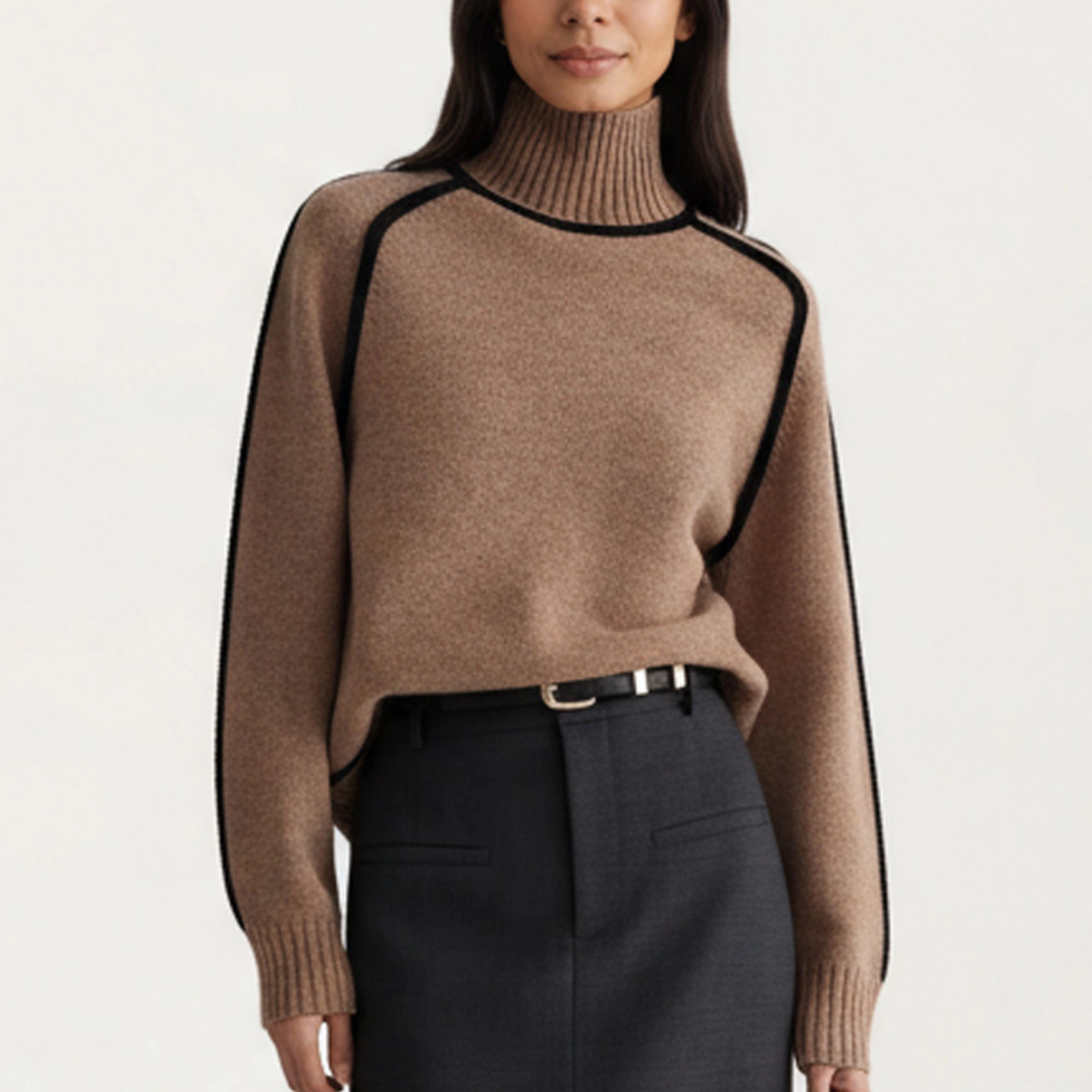 Anna-Kaci Women's Turtleneck Pullover Top with Contrast Trim Details and Ribbed Hemline for a Clean Modern Silhouette