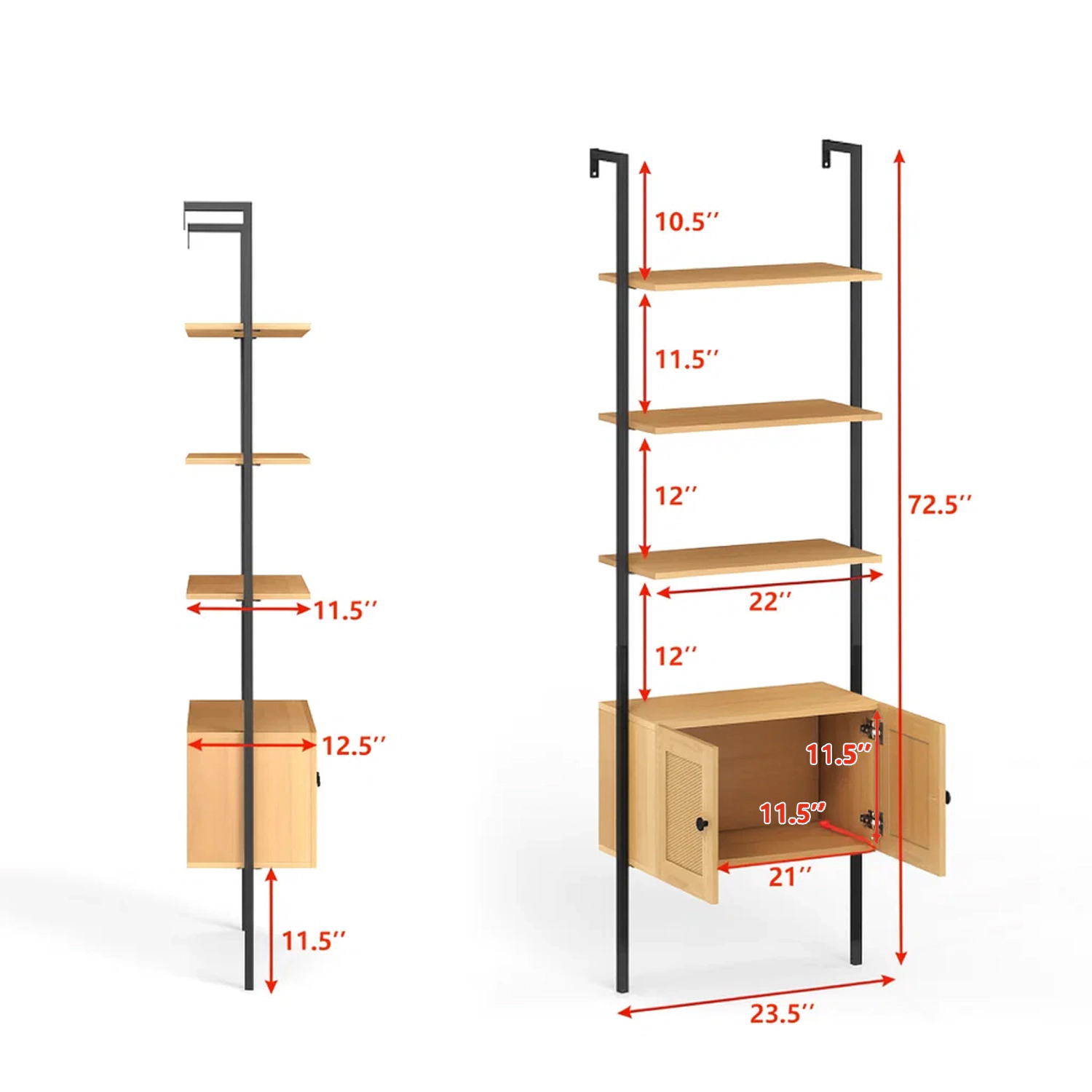 Hivvago Ladder Style Bookcase with Rattan Storage Cabinet and Metal Frame