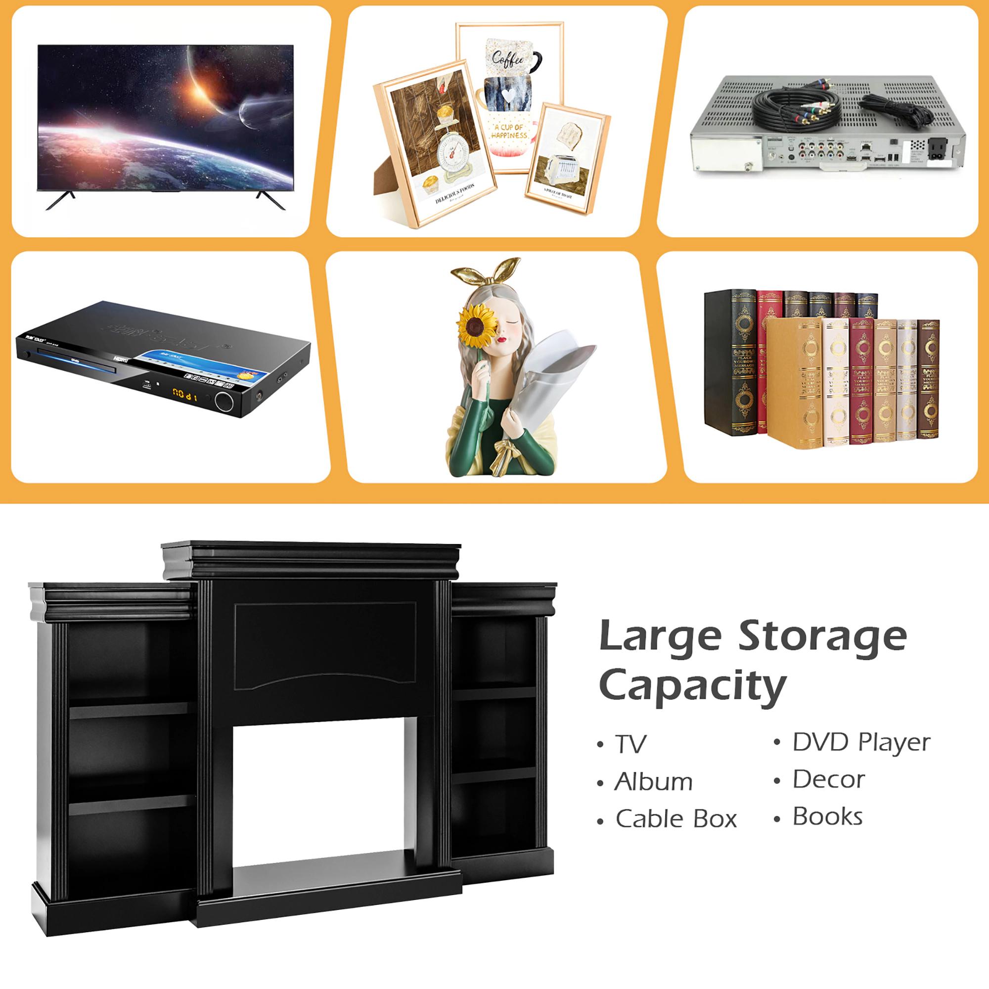 Costway 70'' Fireplace TV Stand Modern Media Entertainment Center Bookcase Black