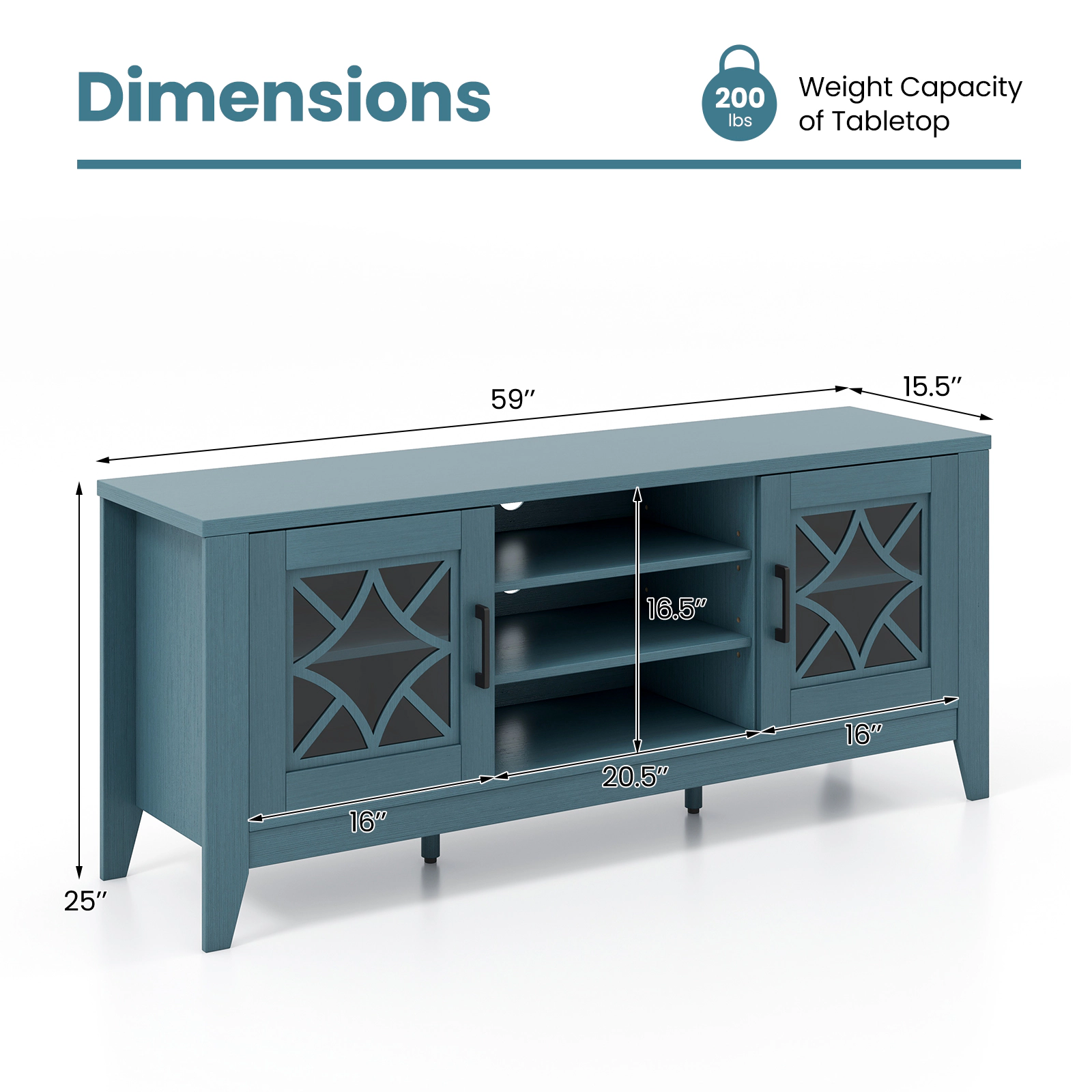 SUGIFT Farmhouse TV Stand for TVs Up to 65 Inches with Adjustable Shelves 200-lb Tabletop Capacity Teal Blue