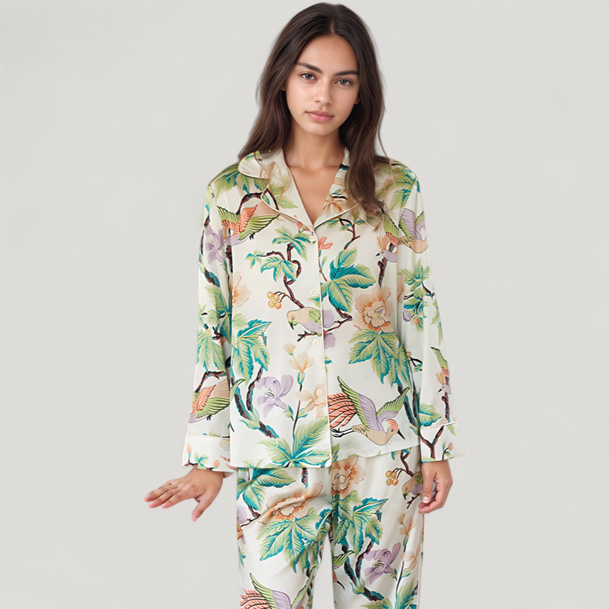 Anna-Kaci Women's Bird and Floral Print Pajama Set with Button Down Long Sleeve Top Relaxed Fit Woven Pants