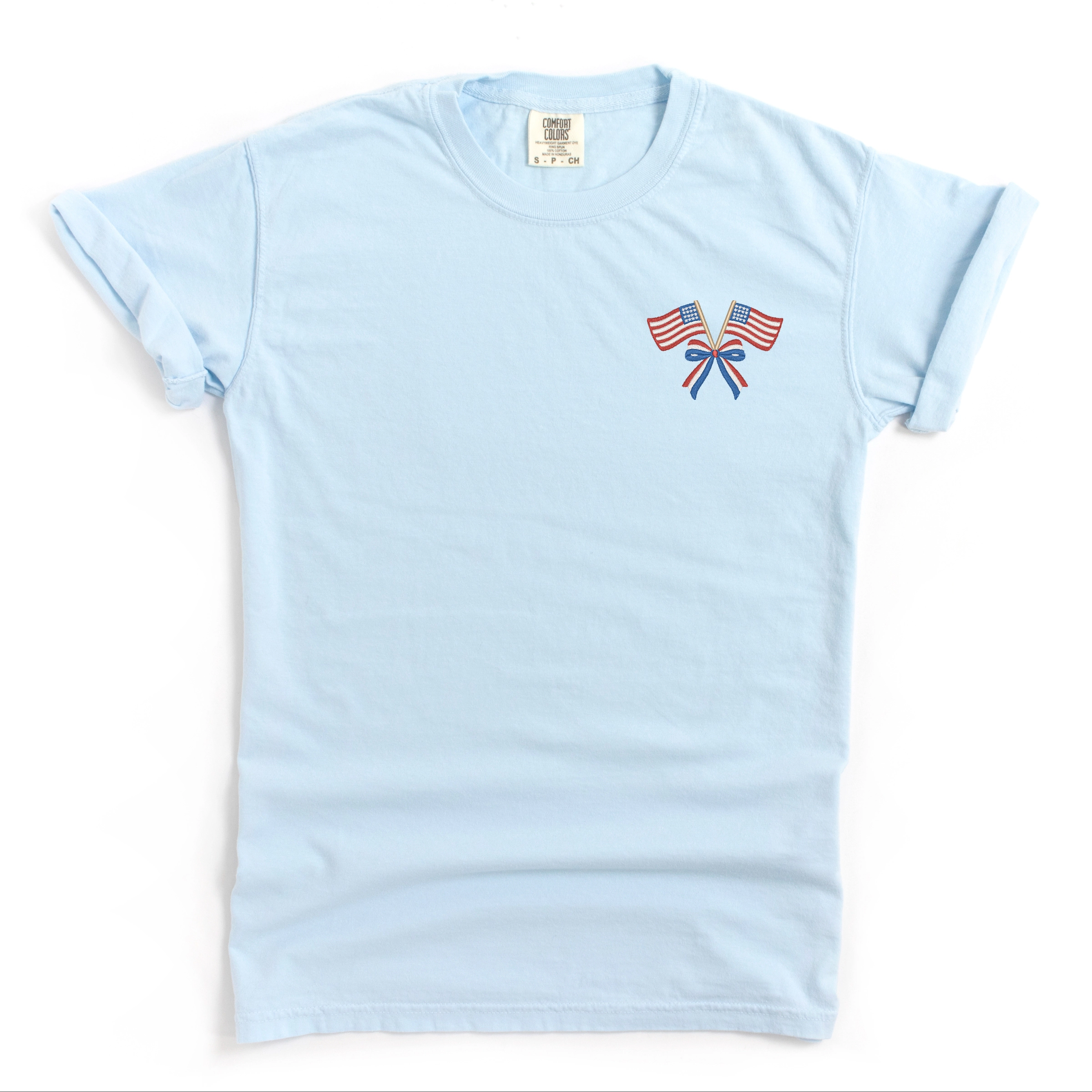 Simply Sage Market Women's Garment-Dyed Graphic Tee - Embroidered USA Flags Bow