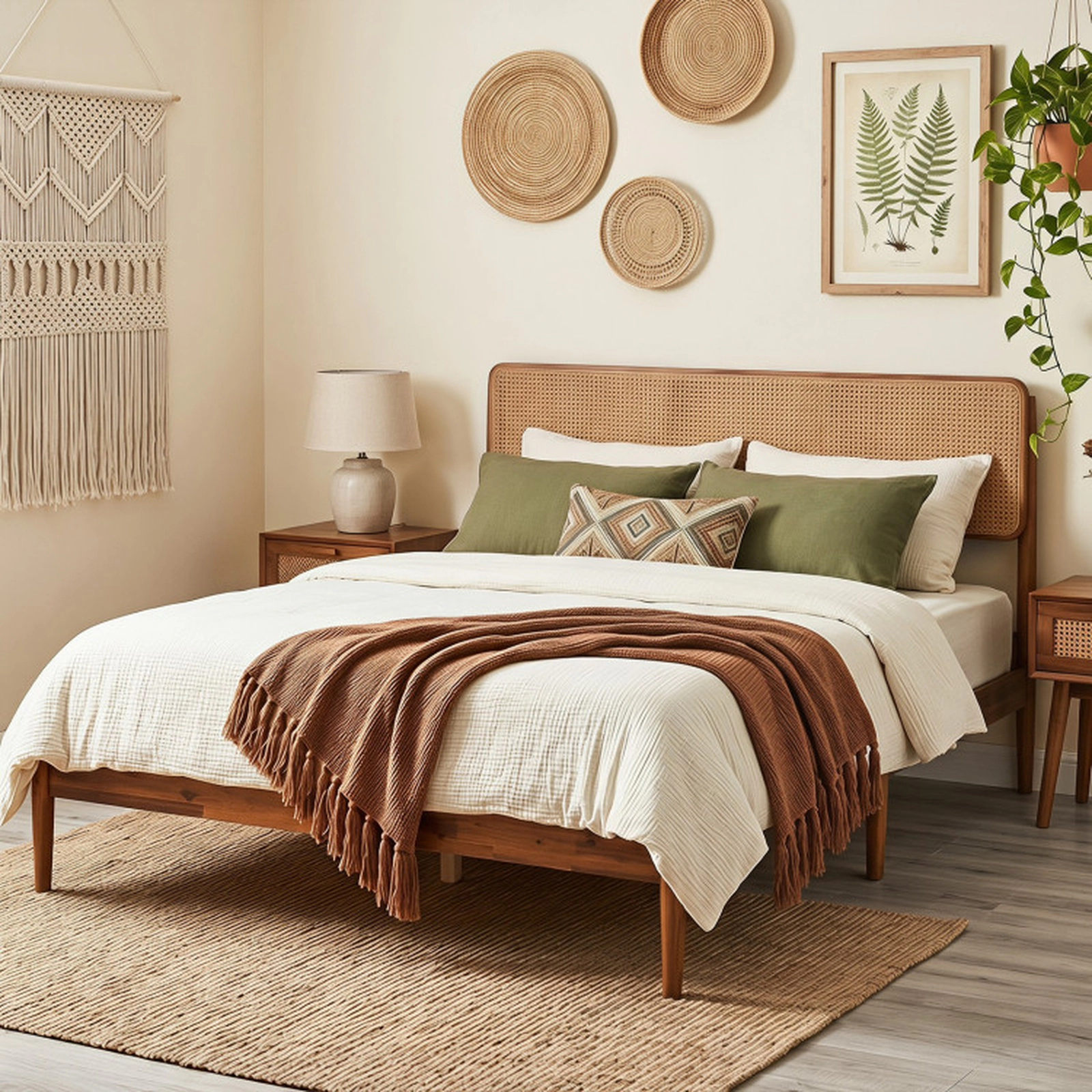 SUGIFT Full Size Brown Acacia Wood Boho Bed Frame with Rattan Headboard and 12 Slats 700-lb Frame Capacity