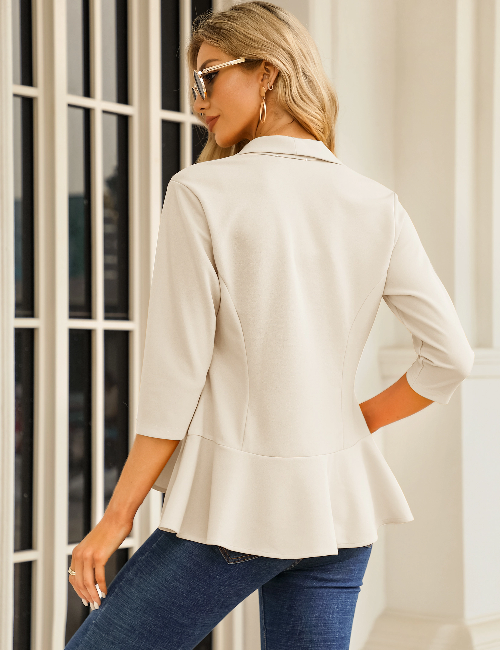 KOJOOIN Women's Casual Blazer Ruffle Sleeve Open Front Work Office Cardigan Jackets Suit