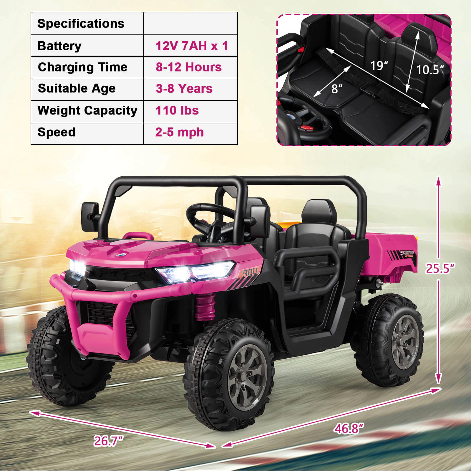 2-Seater Kids Ride On Dump Truck Emergency Brake Remote Rocking Mode Lockable Doors 12V Ages 3-8 110-lb Capacity Pink