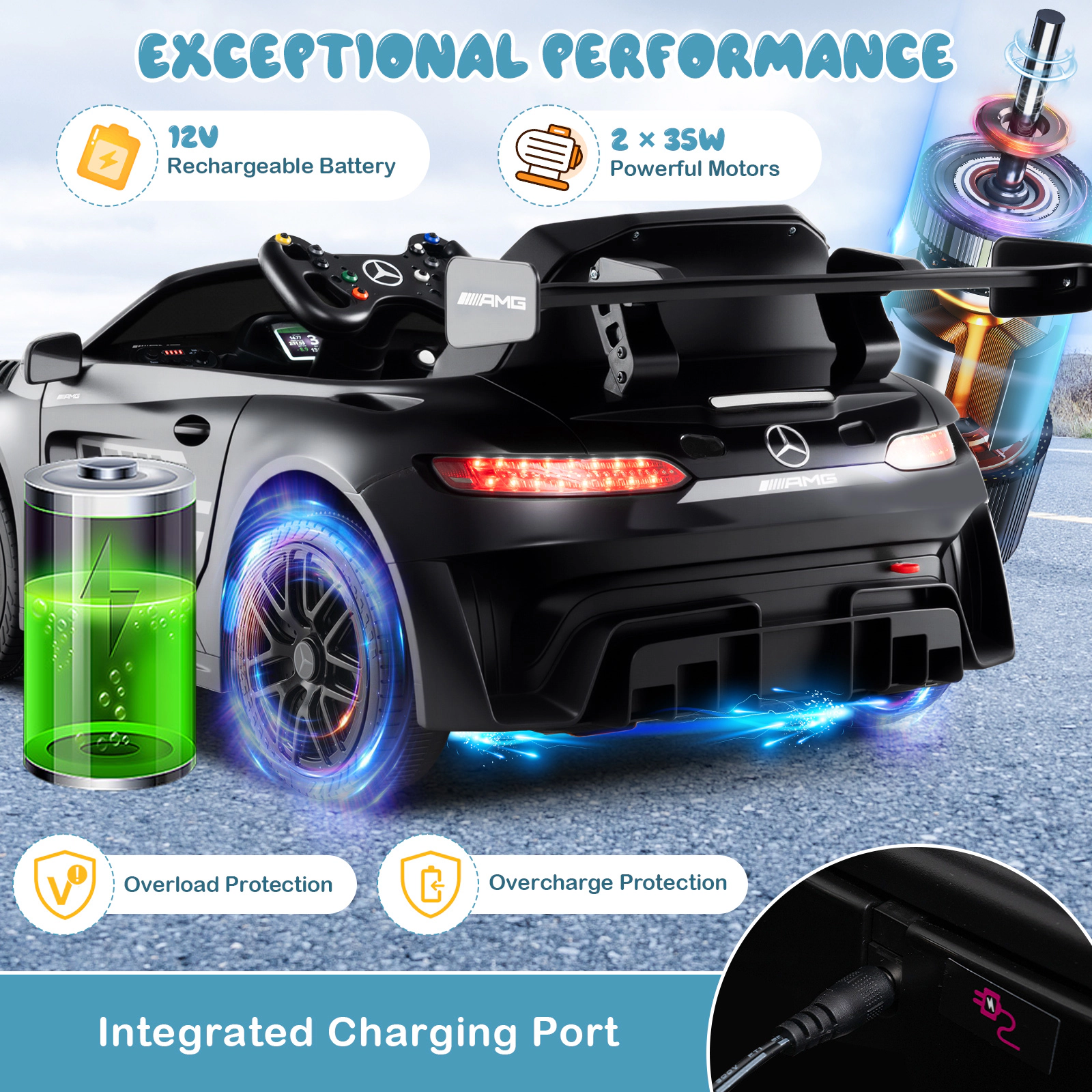 SUGIFT 12V Kids Ride-On Car Black Licensed Mercedes-AMG GT3 with Adjustable Speed
