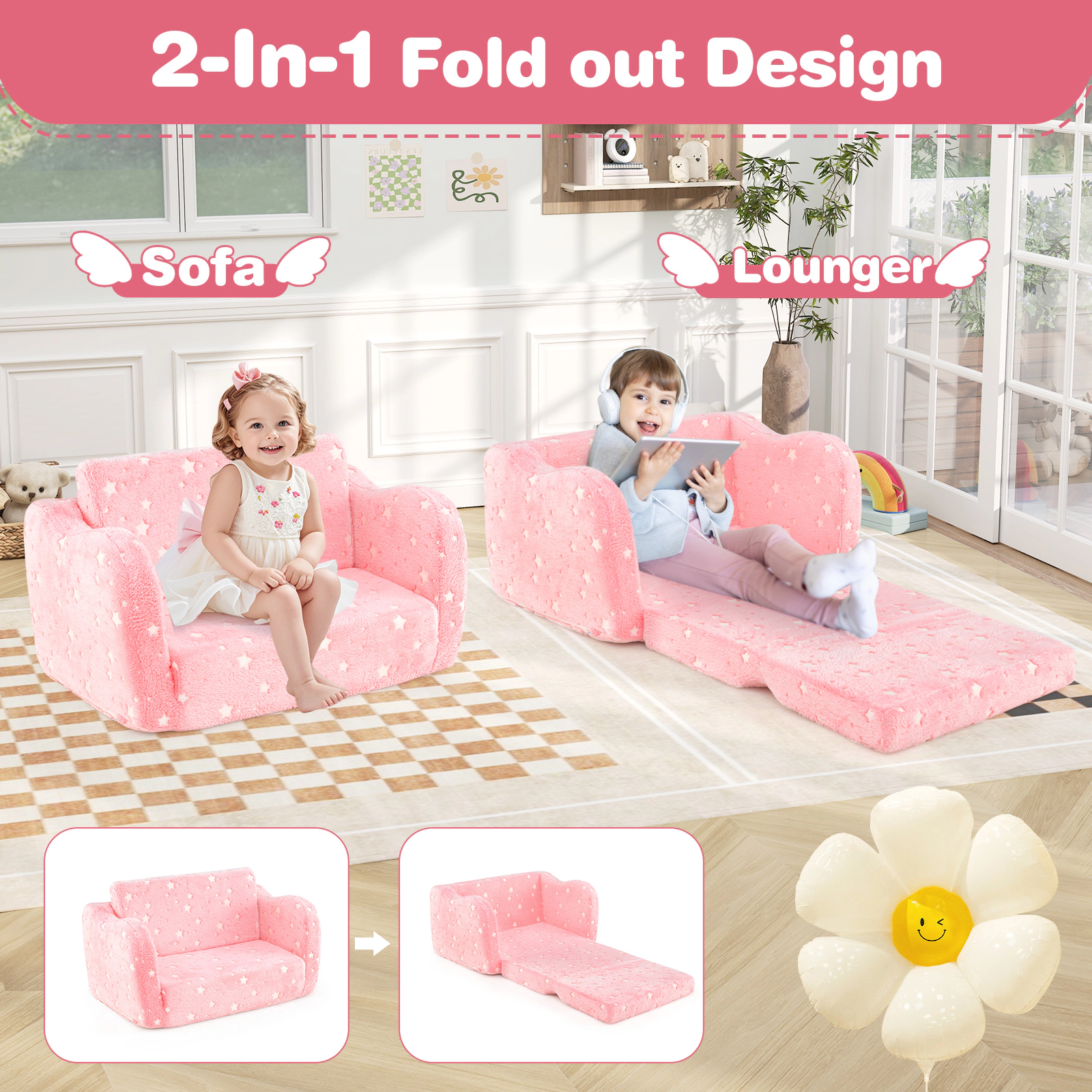 2-in-1 Folding Kids Couch Toddler Fold Out Sofa Bed with Glow in the Dark Print Blanket Included and OEKO-TEX Pink