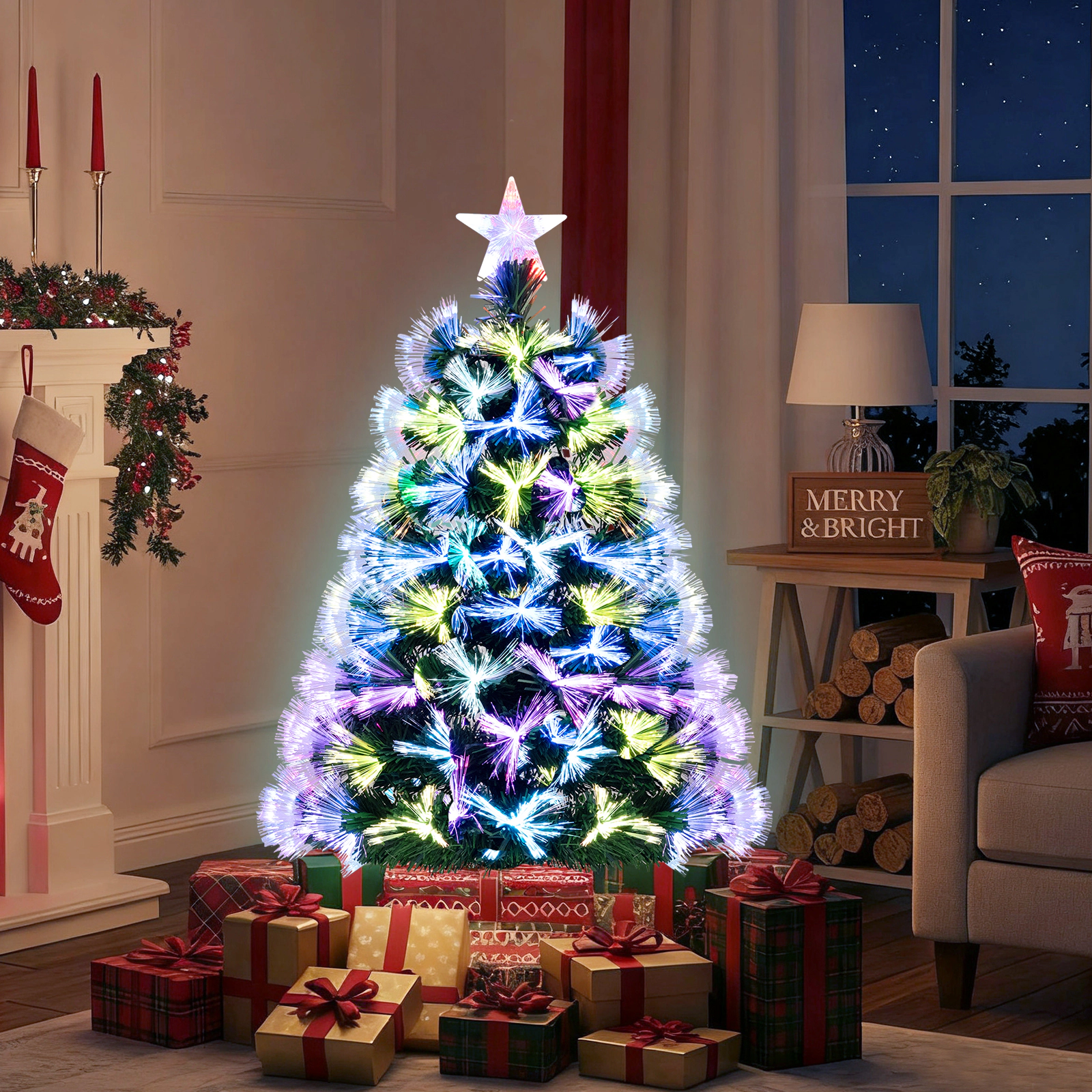 LJG 3 Feet Fiber Optic Christmas Tree with Branch Tips and Topper Star