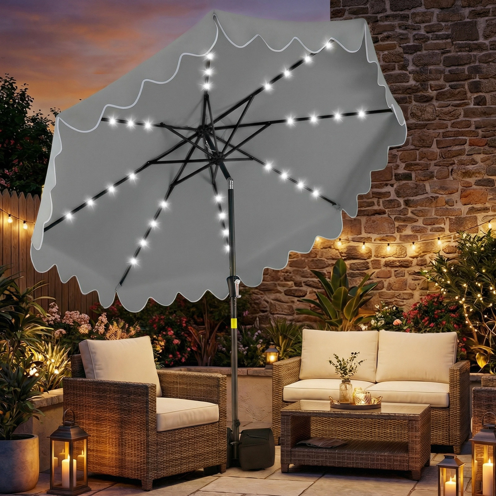 SUGIFT 9-ft Gray Solar LED Patio Umbrella with Crank Lift, Manual Tilt and 2 Sandbags