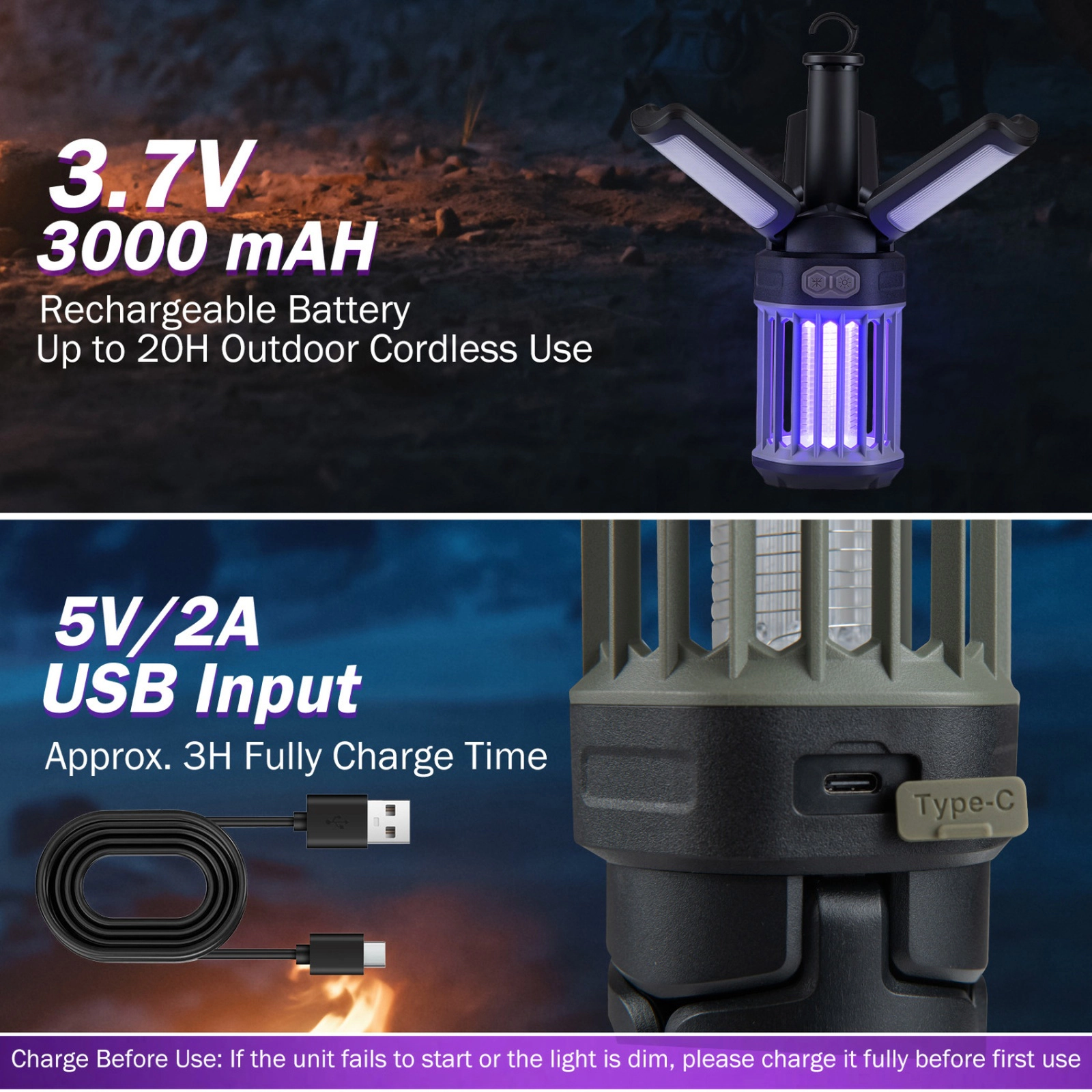 SUGIFT USB-C Rechargeable Outdoor Bug Zapper and Foldable Camping Lantern with 1050V Grid and 269-sq ft Coverage