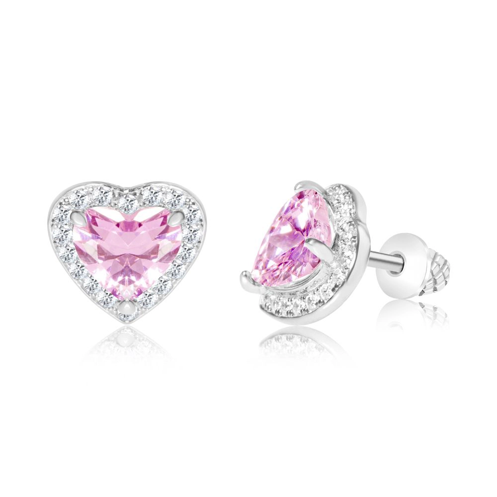 CHANTEUR Kids Heart Stud Earrings - Hypoallergenic Surgical Titanium Screwback, Silver-Plated with Pink Cubic Zirconia