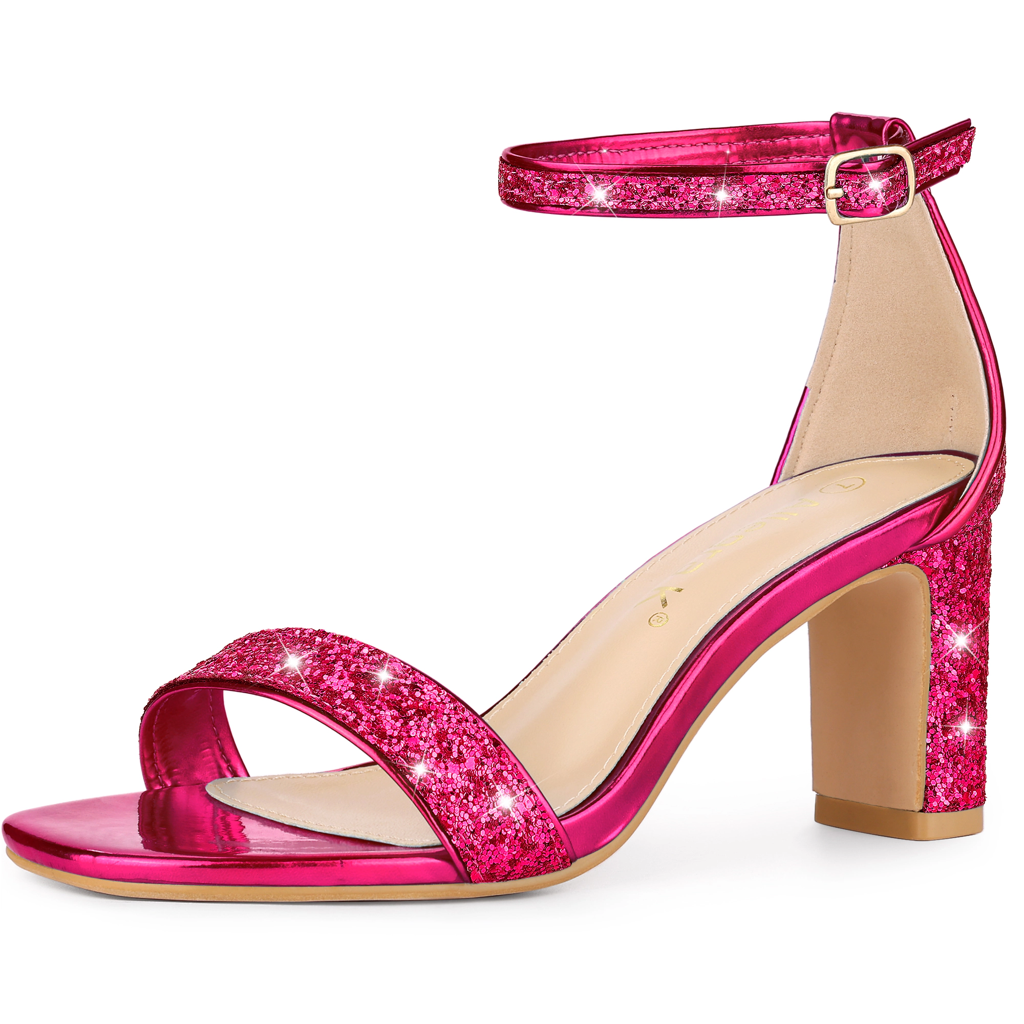 BLISSFUL STEP Women's Glitter Ankle Strap Chunky Heel Square Toe Sandals