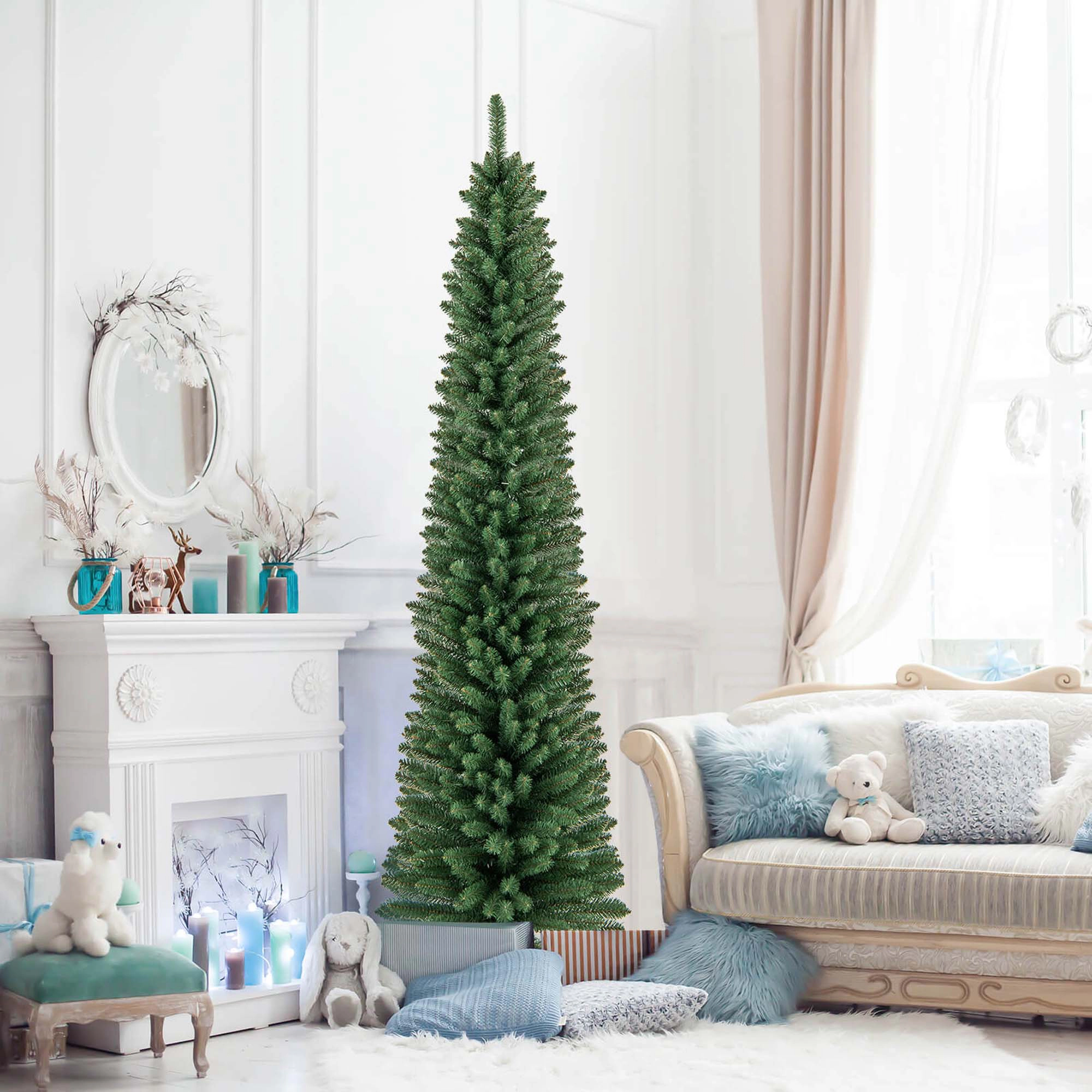 Costway 5/6/7/8 FT Pencil Christmas Tree Artificial Xmas Tree with 523 Memory Wire Branch Tips