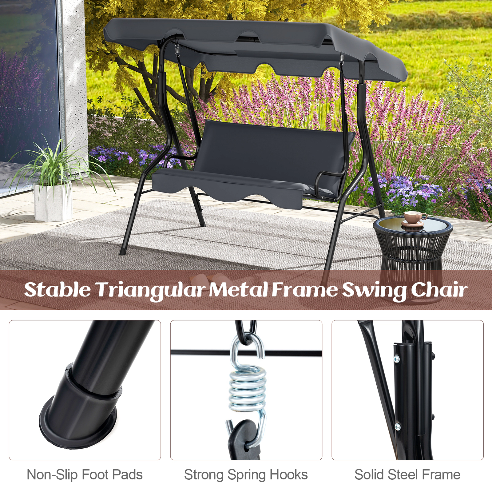 SUGIFT 3-Seat Outdoor Patio Canopy Swing with Cushioned Metal Frame 500-lb Capacity 67.5 x 43.5 x 60.5 in Gray
