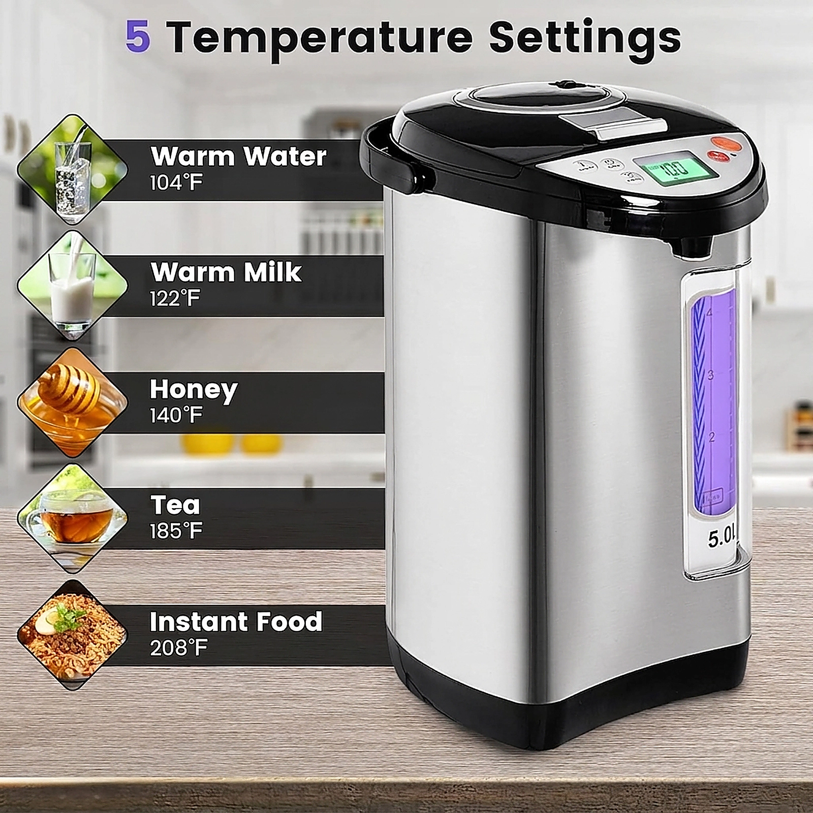 SUGIFT 5-Liter Electric LCD Water Boiler and Warmer with Timer 16-in Tall 5.0-Liter Capacity Black and Metal Silver