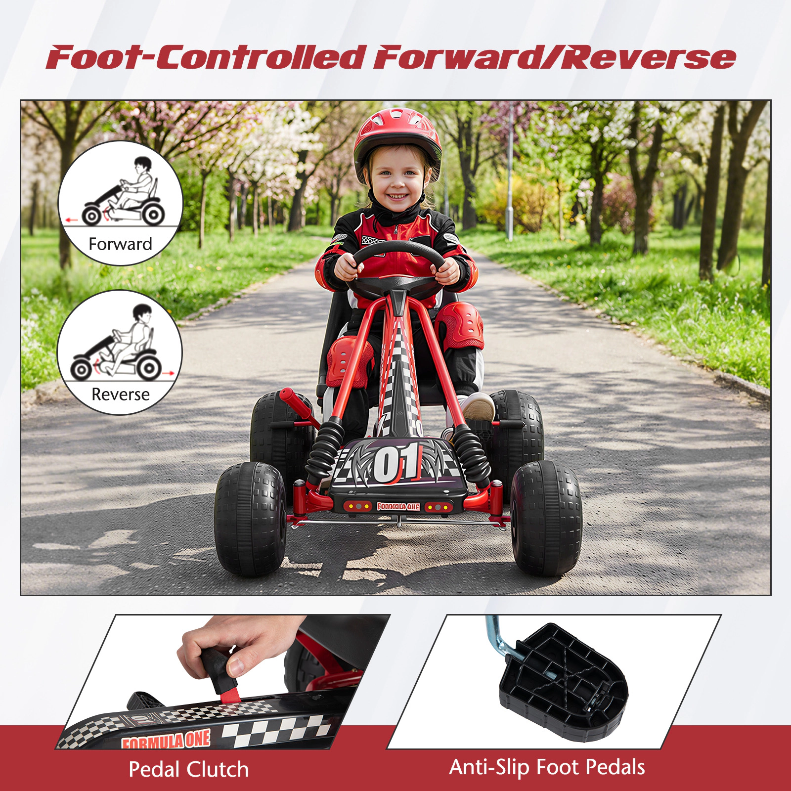 SUGIFT Kids Pedal Go Kart Red 4 Wheels with Adjustable Seat and Multi-Terrain Wheels