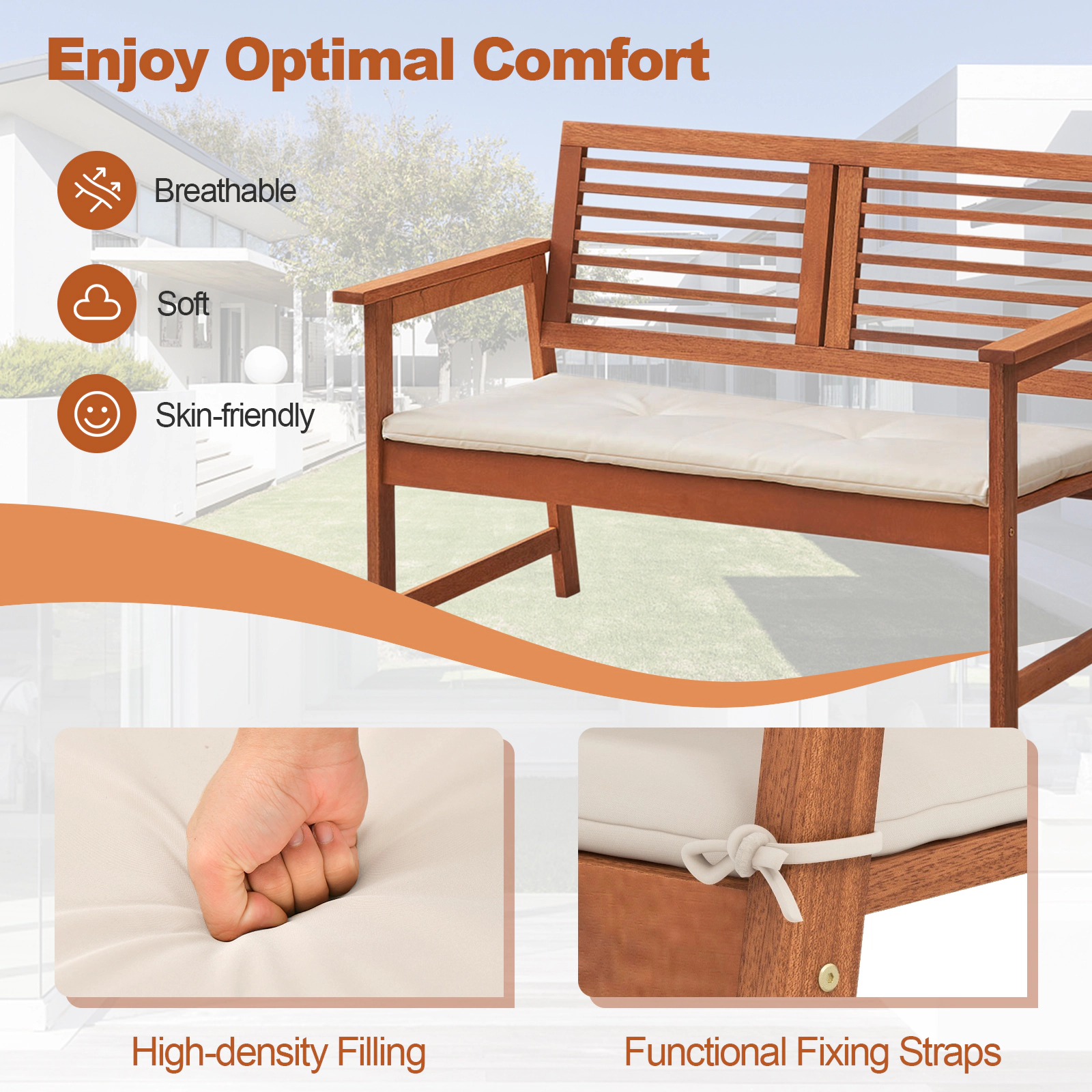 Hivvago 2-Person Solid Wood Patio Bench With Backrest And Cushion