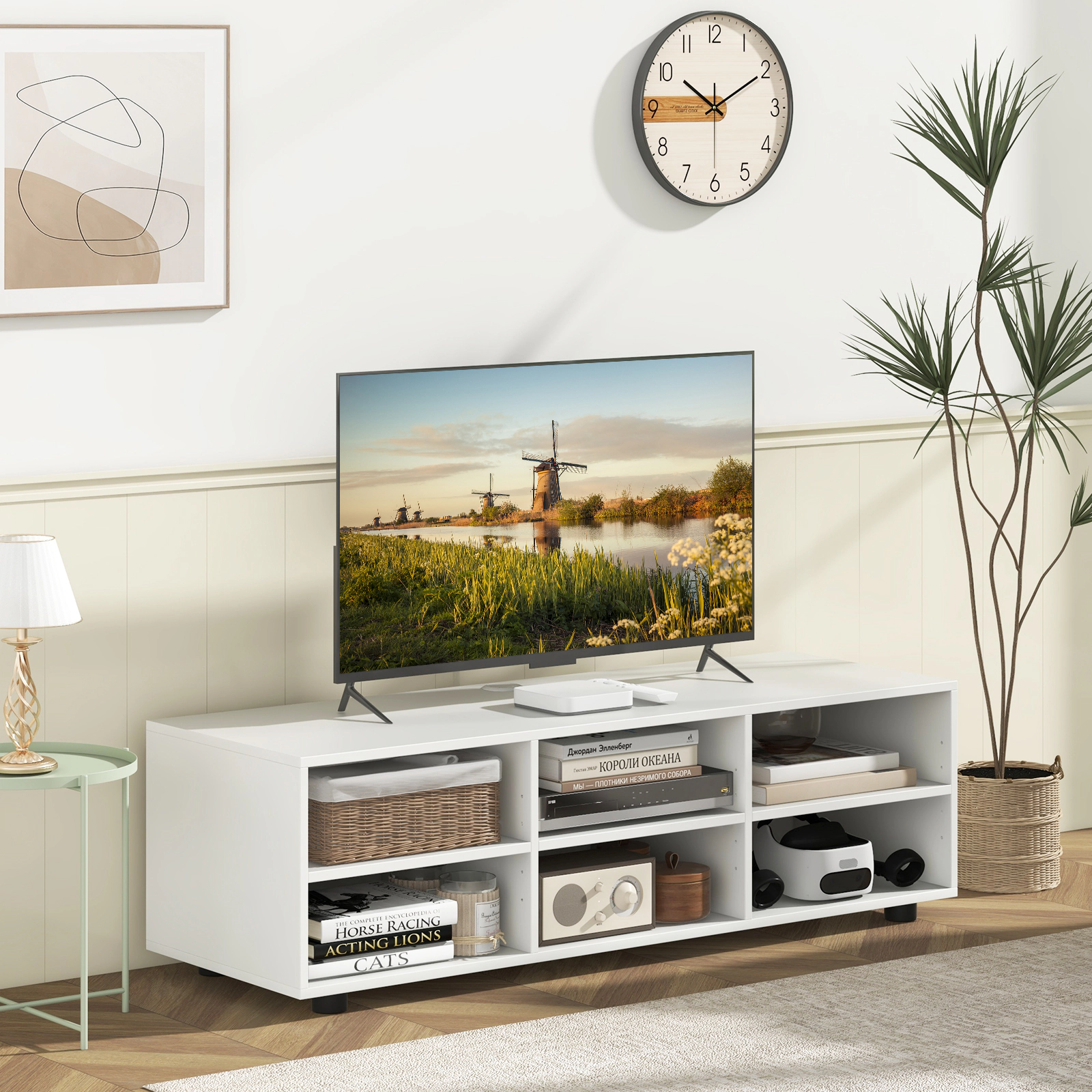 SUGIFT TV Stand with 6 Storage Compartments for TVs up to 55 in 135-lb Top Capacity 25-lb Shelf Capacity White