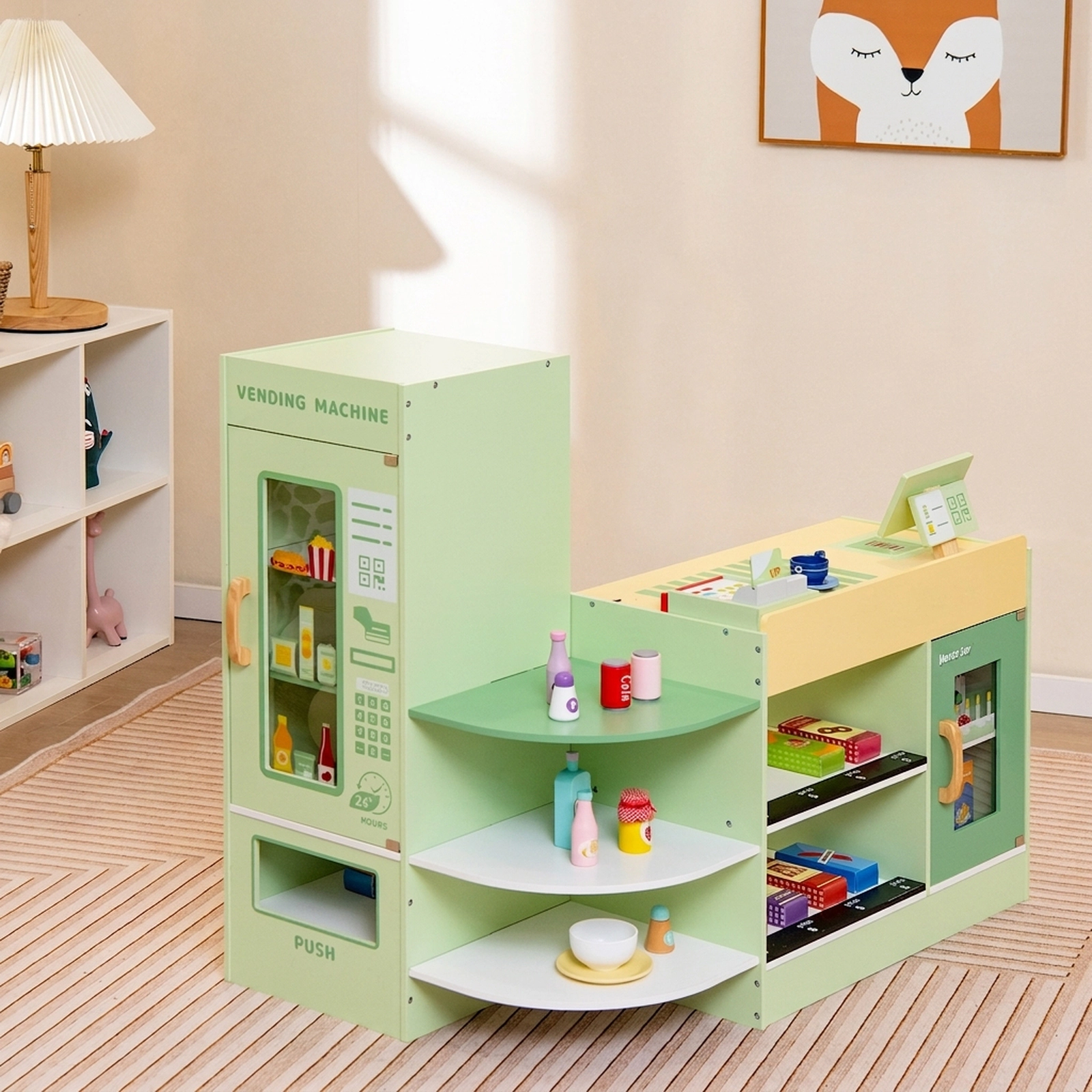 Cash Register Supermarket Playset Vending Machine 3 Shelves 2 Display Racks 35-in Wooden Grocery Store Ages 3-8 Green