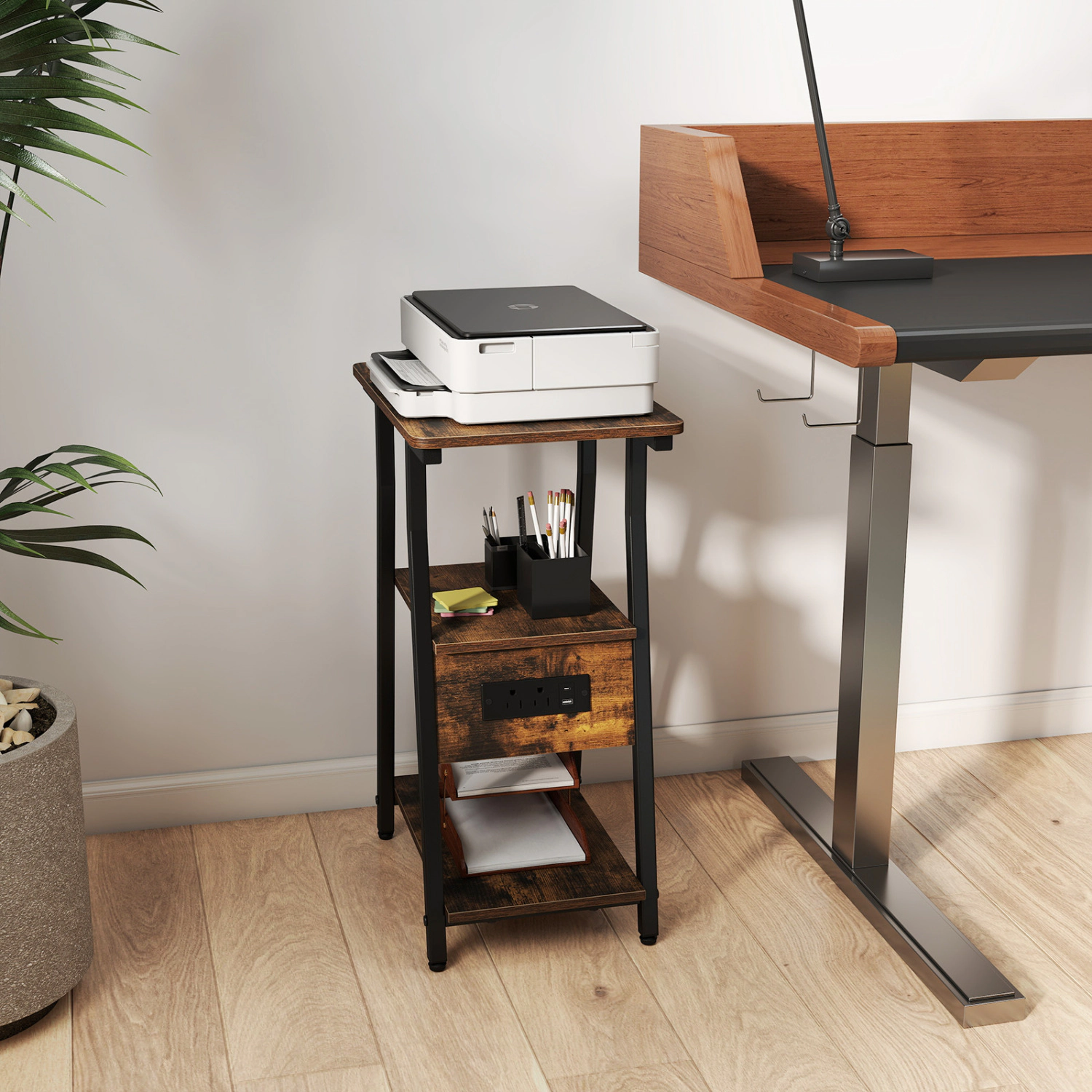 LJG Set of Industrial Side Tables with Charging Station & 3-Tier Shelves for Small Space
