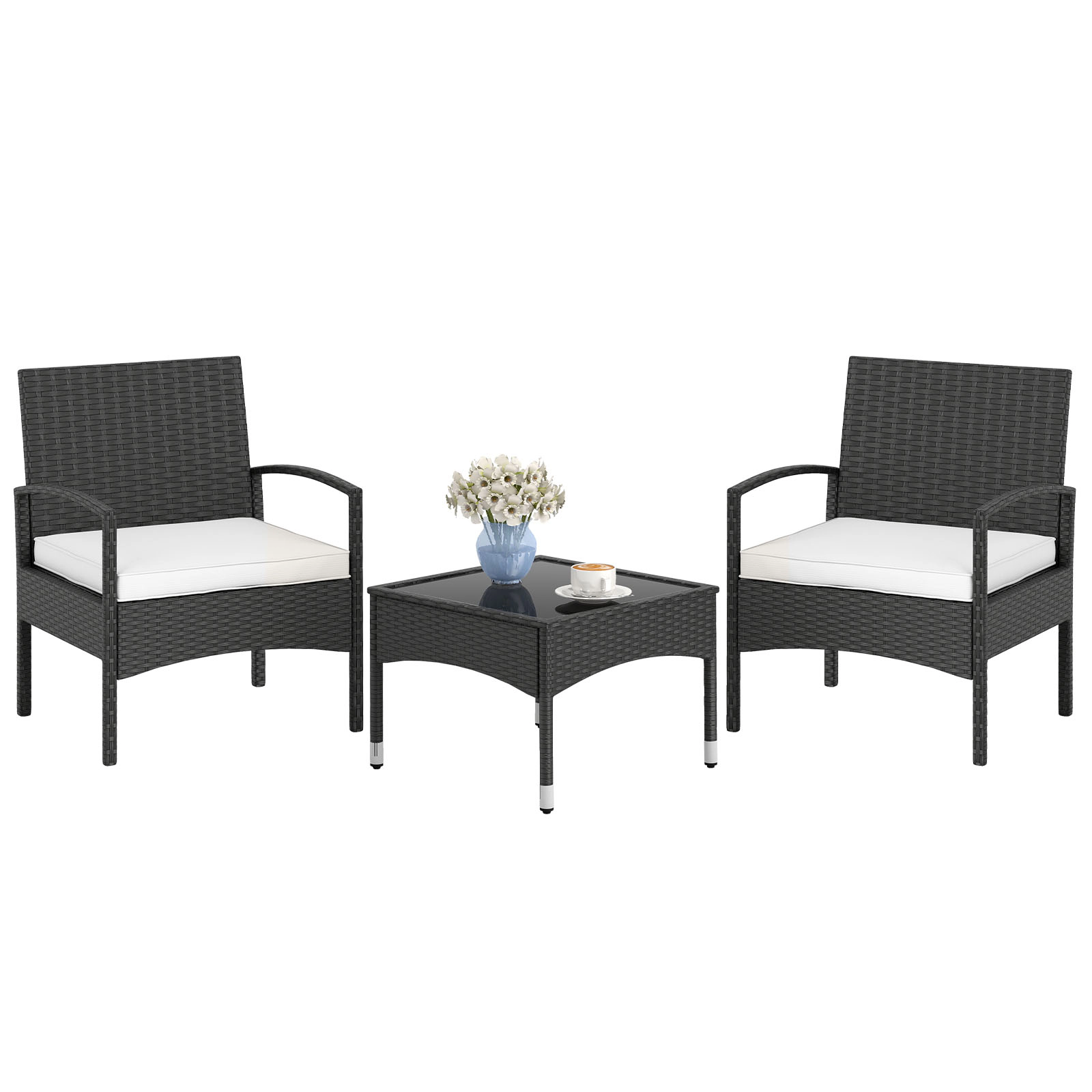 LJG 3-Piece Patio Furniture Set Rattan Bistro Chairs with Table