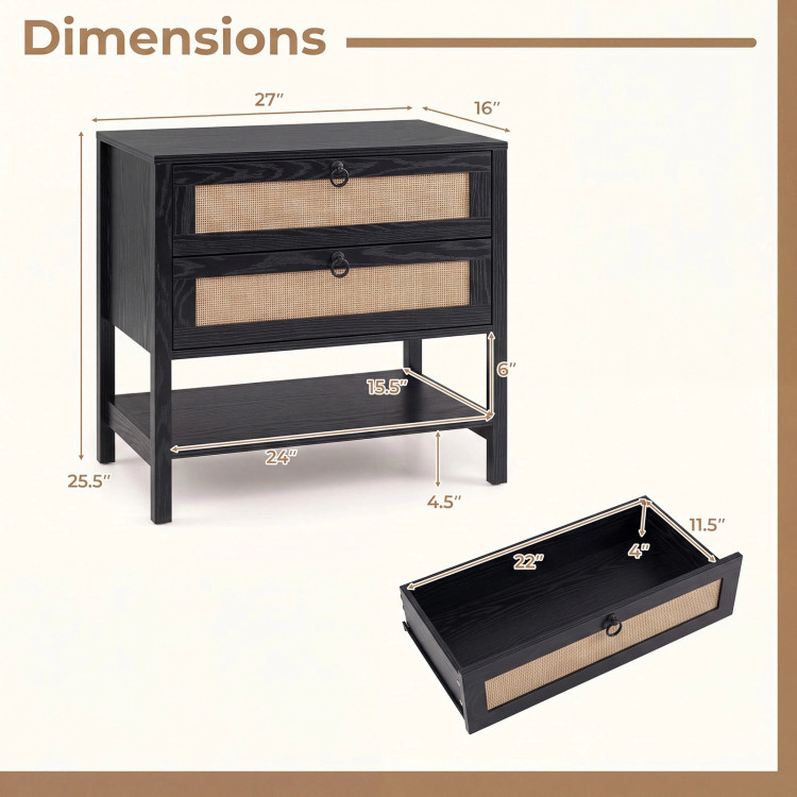 SUGIFT Boho Rattan Nightstand with 2 Drawers and Bottom Open Shelf 200-lb Capacity Black Oak Finish