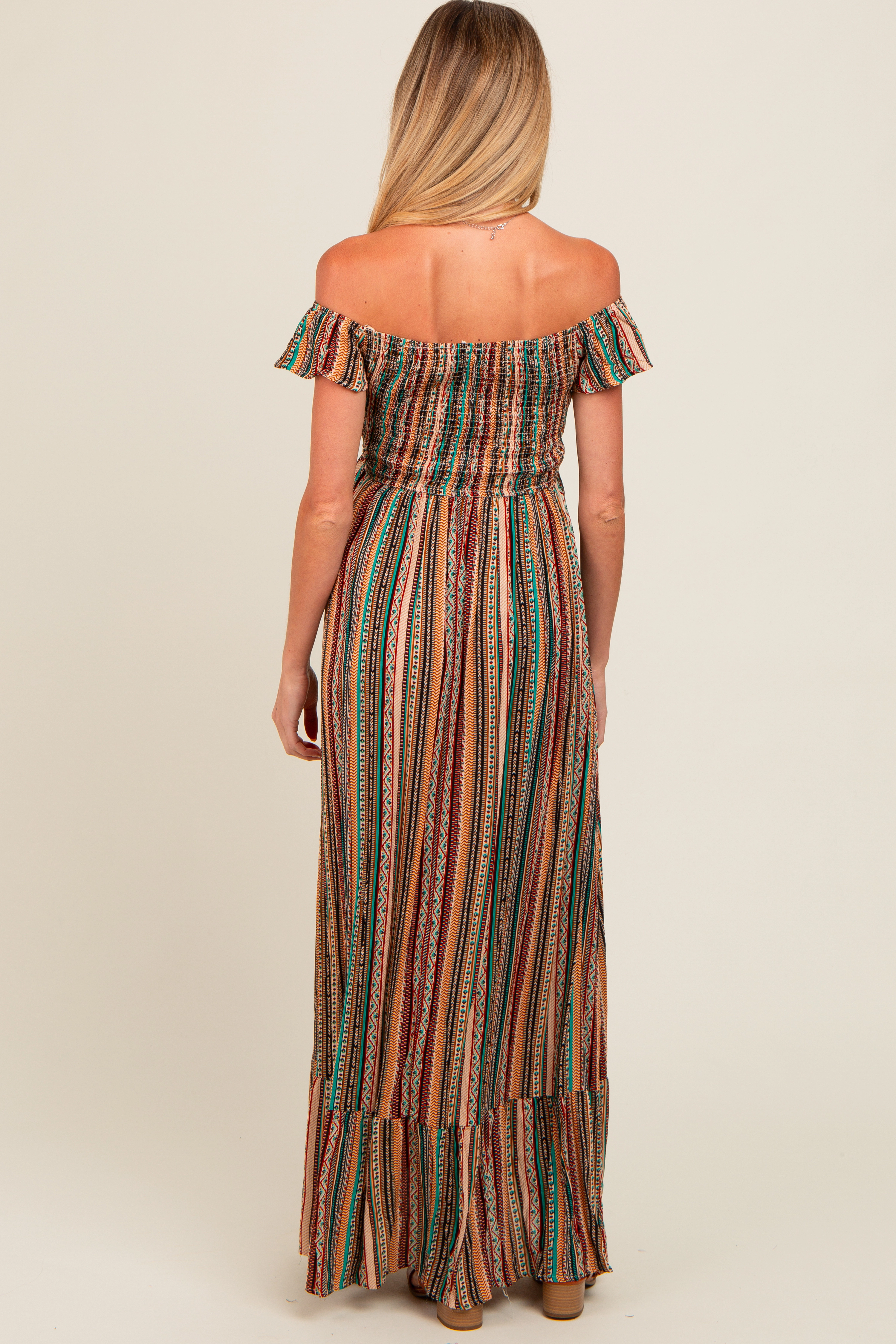 PinkBlush Womens Multicolor Off Shoulder Cinched Maternity Maxi Dress