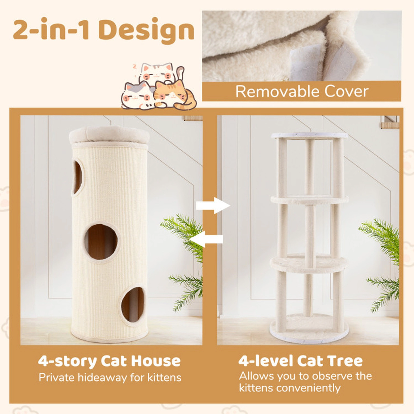 SUGIFT 49-in 4-Story Elevated Cat House Cave Tower with Bamboo Mats Sisal Board and Washable Top Perch