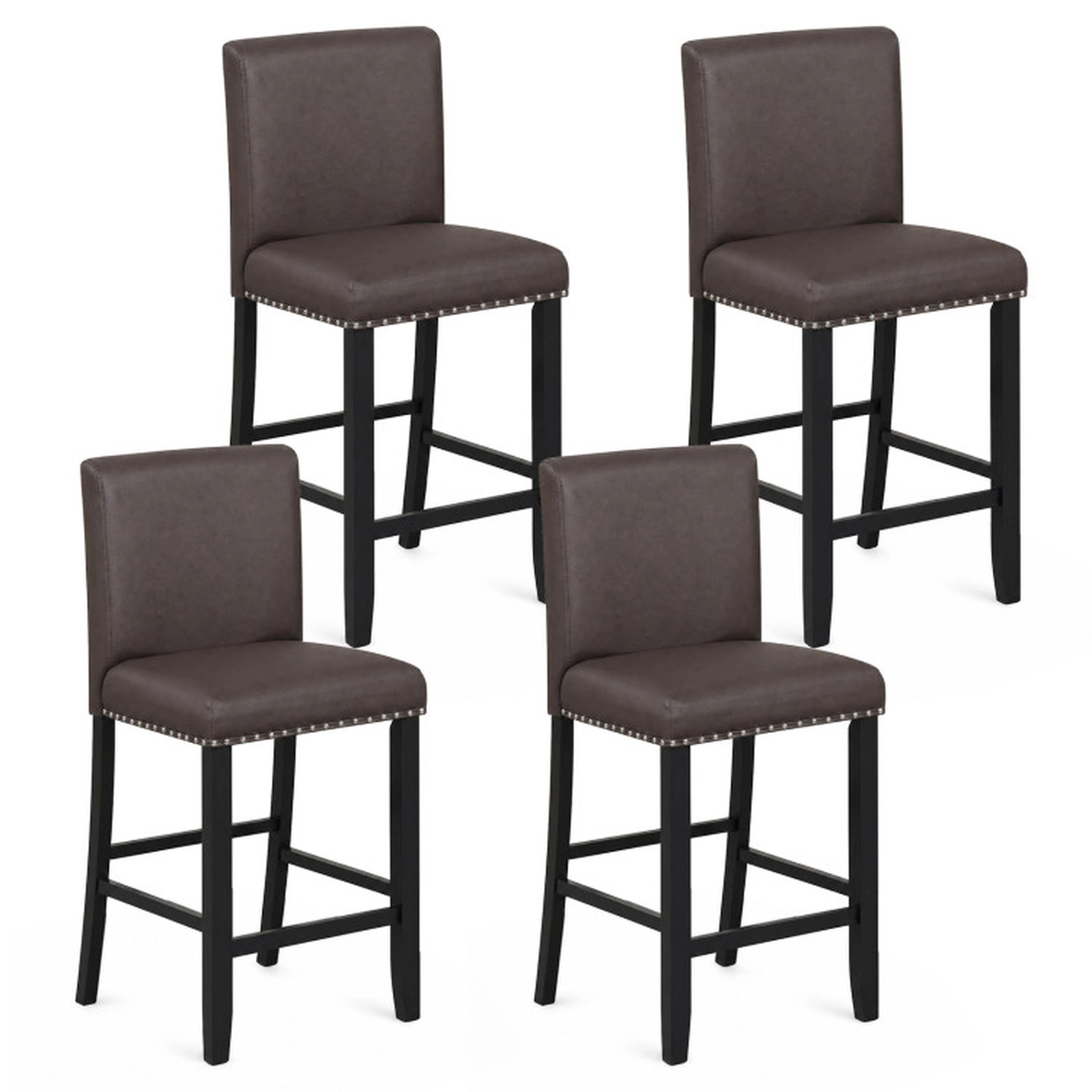 SUGIFT Set of 4 PVC Leather Nailhead Trim Counter Height Bar Stools 19-in x 20-in x 39-in 245-lb Capacity Brown
