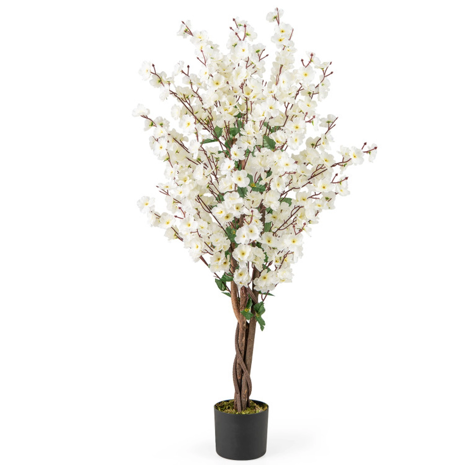 SUGIFT 47-in Fabric Flowers Solid Wood Trunk Cement Filled Pot Faux Plum Blossom Tree 6-in x 5-in Pot 9-lb White