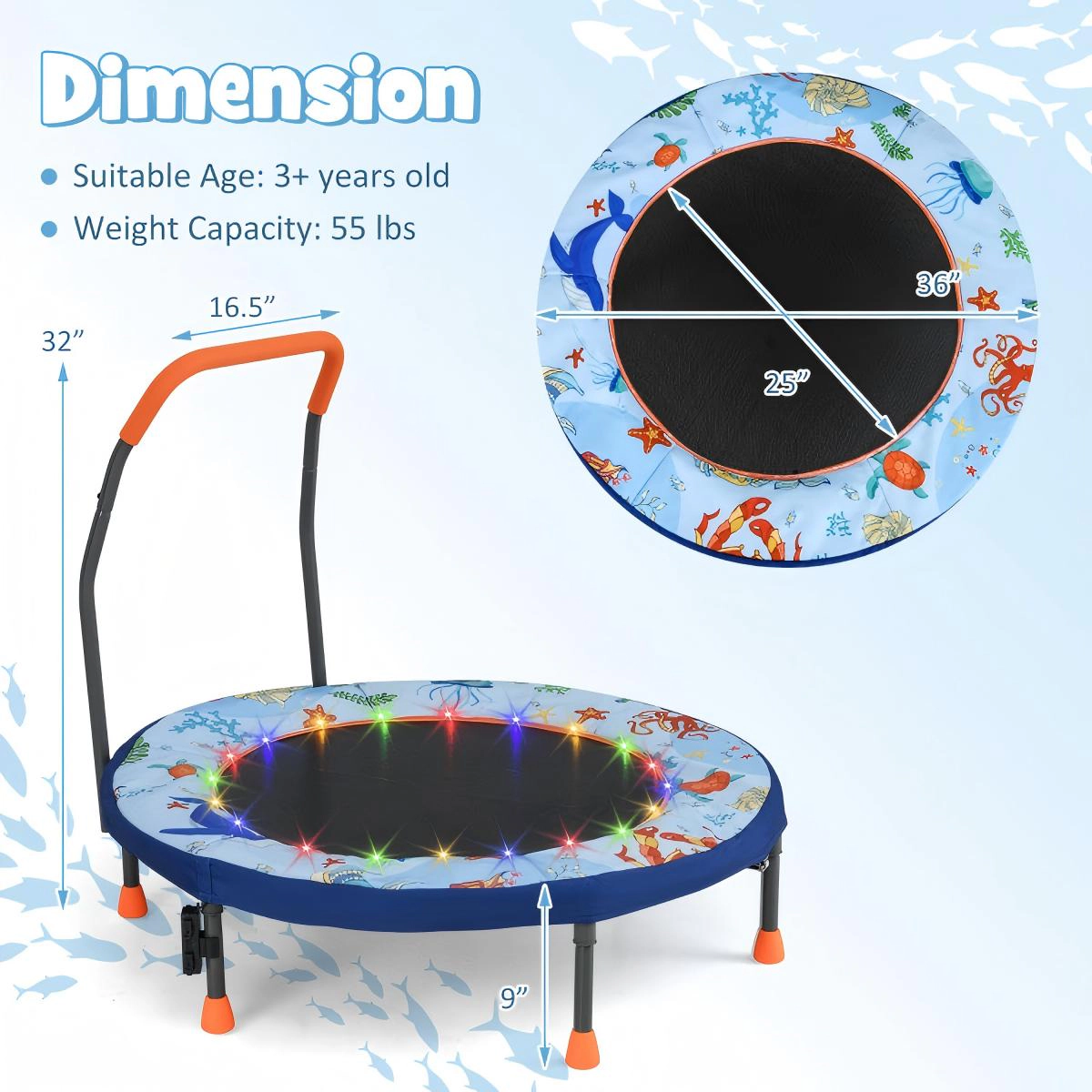 SUGIFT Folding Mini Trampoline Rebounder with LED Lights 55-lb Capacity Ages 3+ 36-in Frame with Foam Handrail Blue