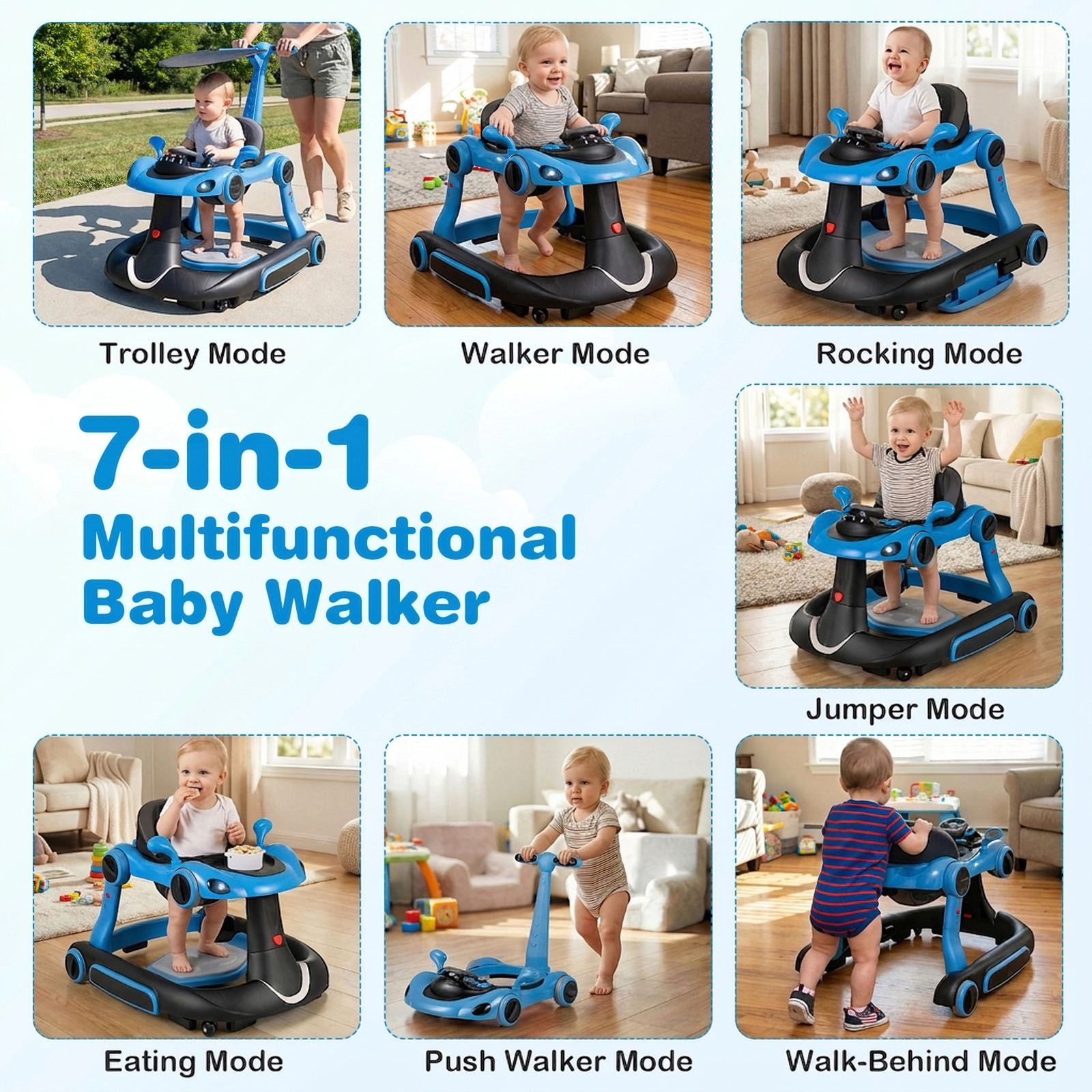 SUGIFT Canopy Activity Center Bouncer and Rocker Combo 6-in-1 Baby Walker
