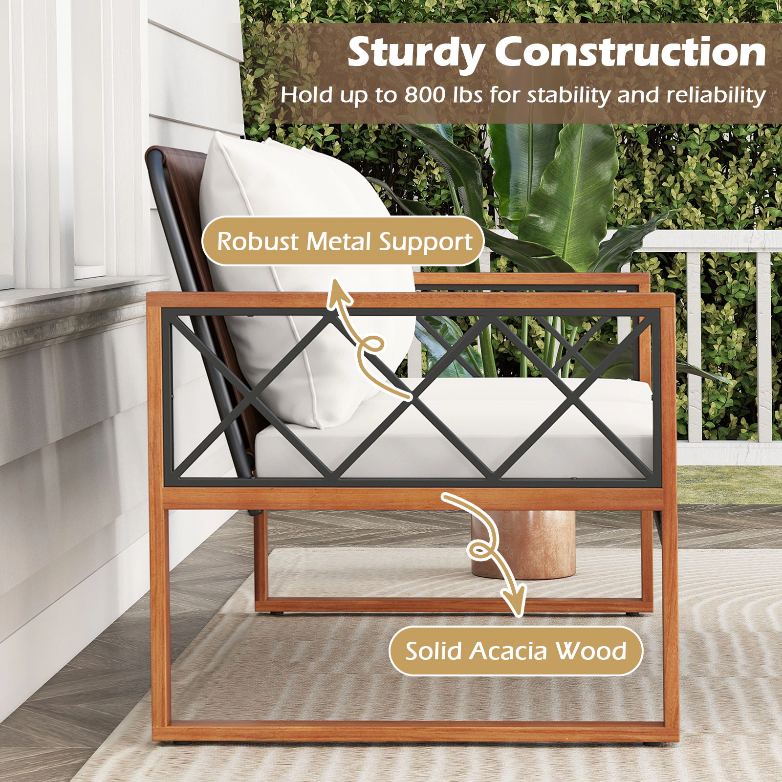 SUGIFT Acacia Wood Accents 2-Piece White PE Wicker Patio Loveseat and Coffee Table Set